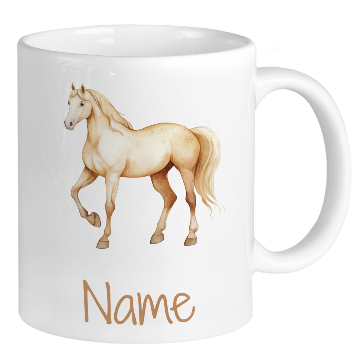 Beige Tasse mit Pferdemotiv und Platz für Namen.
