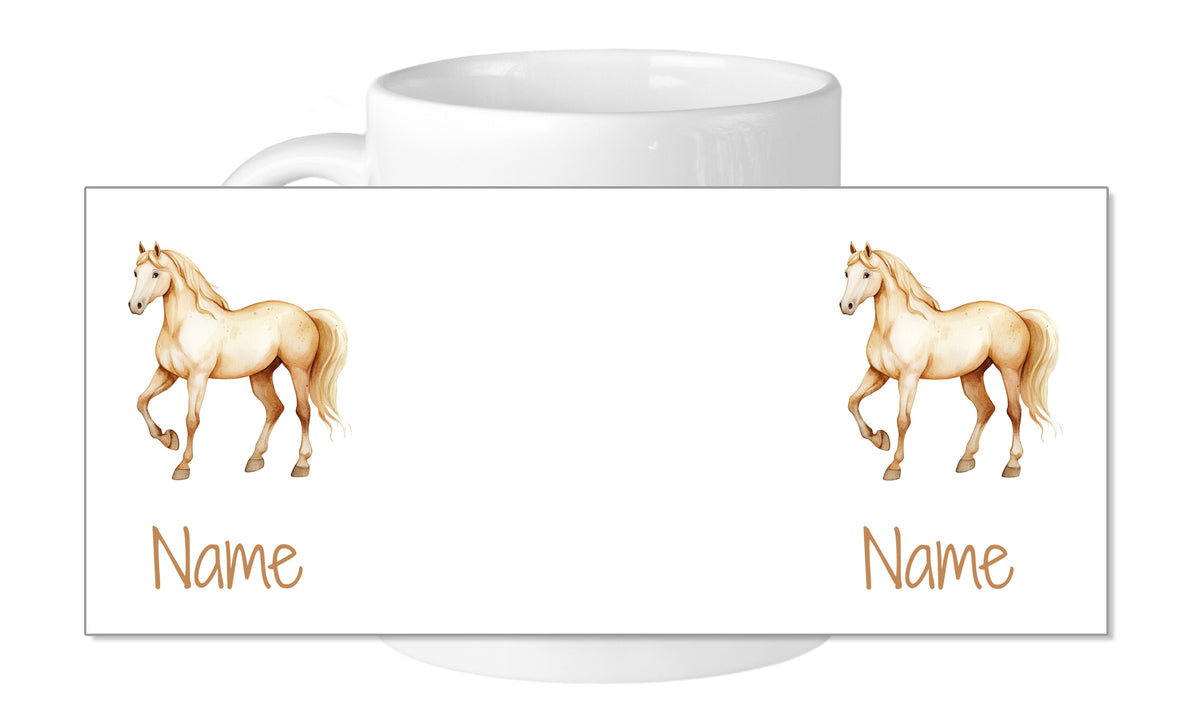 Kaffeetasse mit zwei Pferdemotiven und Platz für Namen.