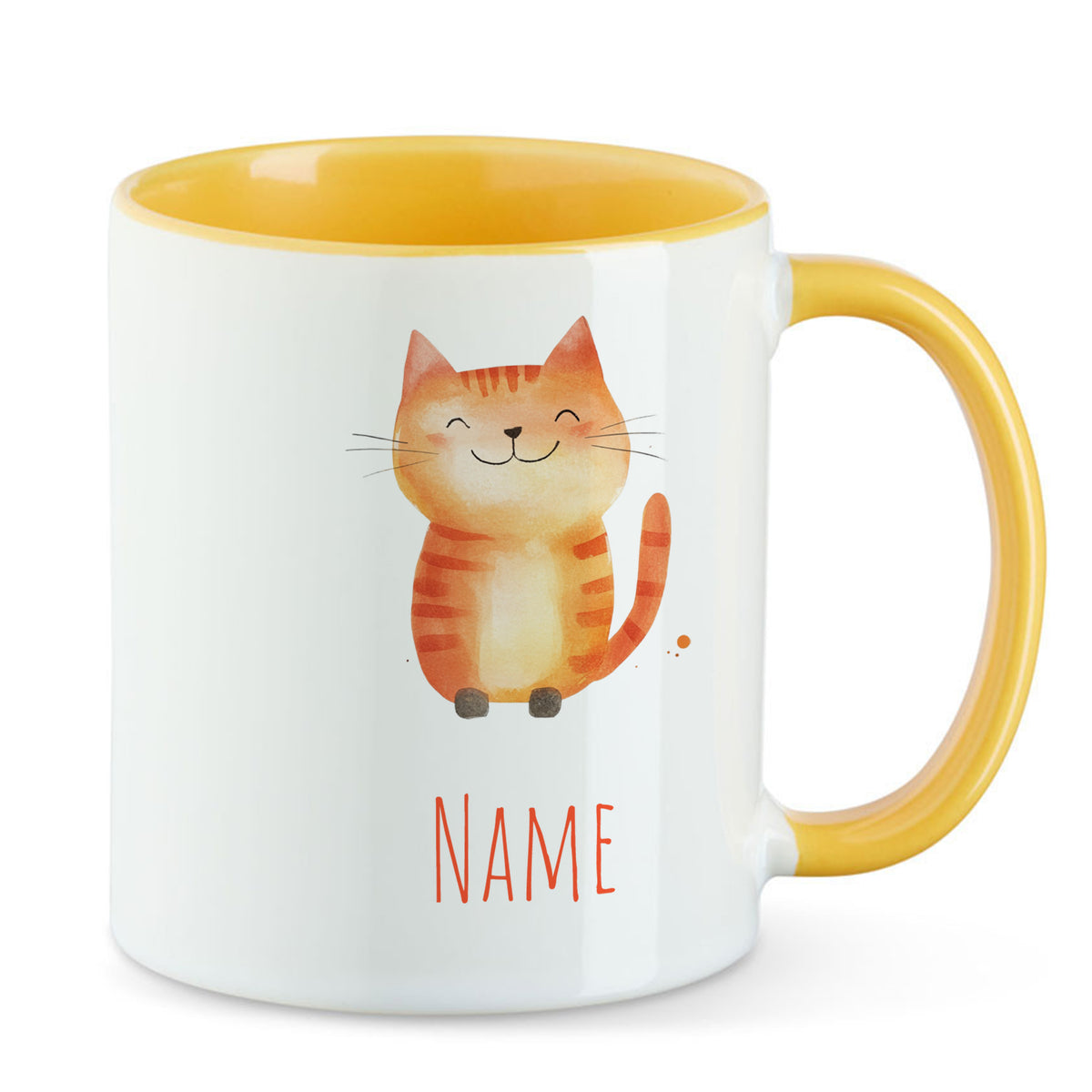 Tasse mit orangefarbenem Kätzchen und gelbem Henkel.