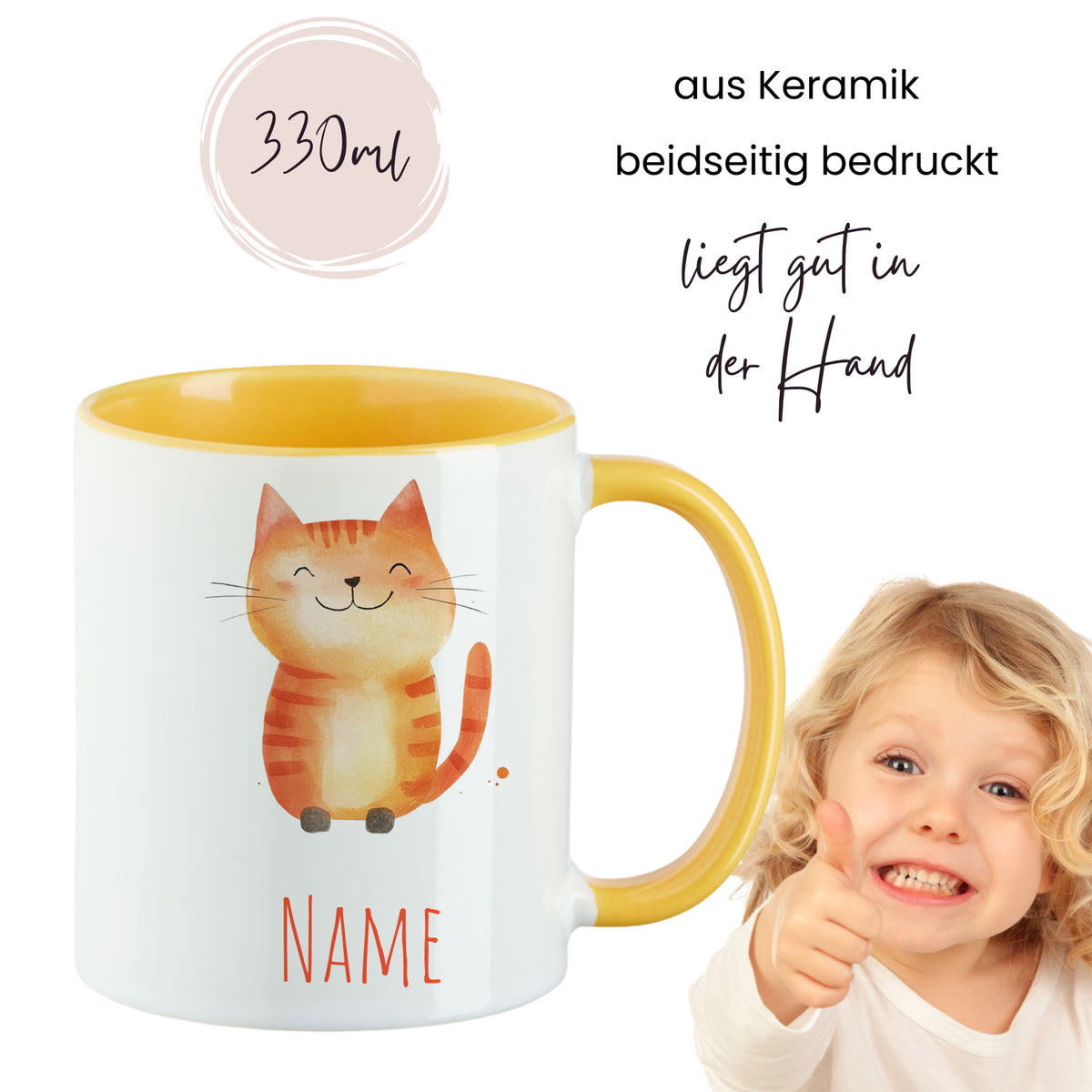 Keramiktasse mit Katzenmotiv, gelber Henkel, 330 ml.
