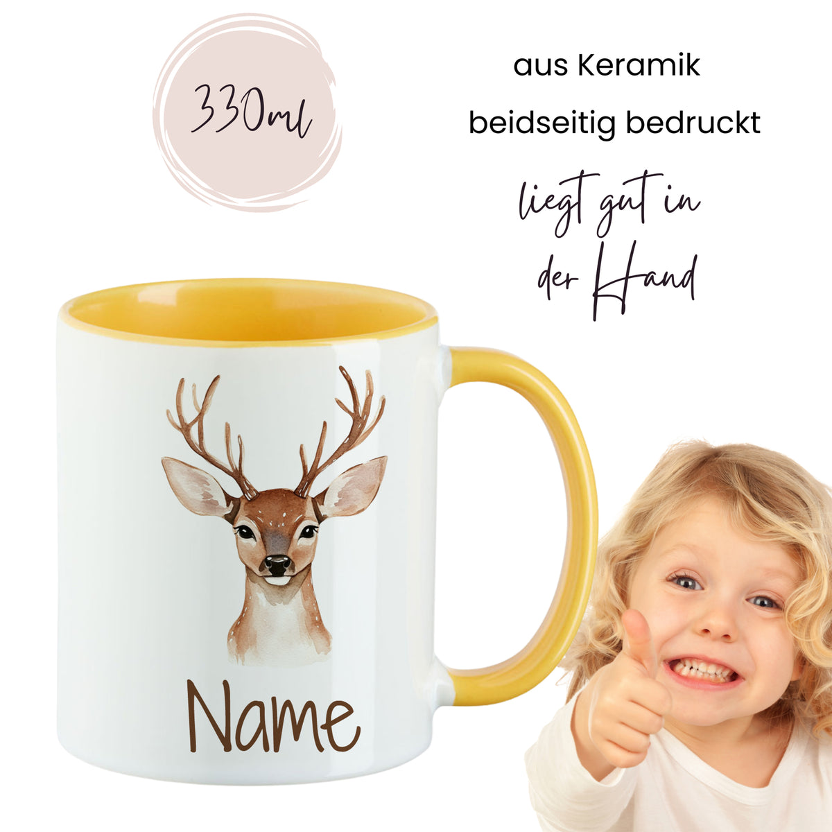 Keramiktasse 330ml, gelber Henkel, Reh-Motiv, personalisierbar.