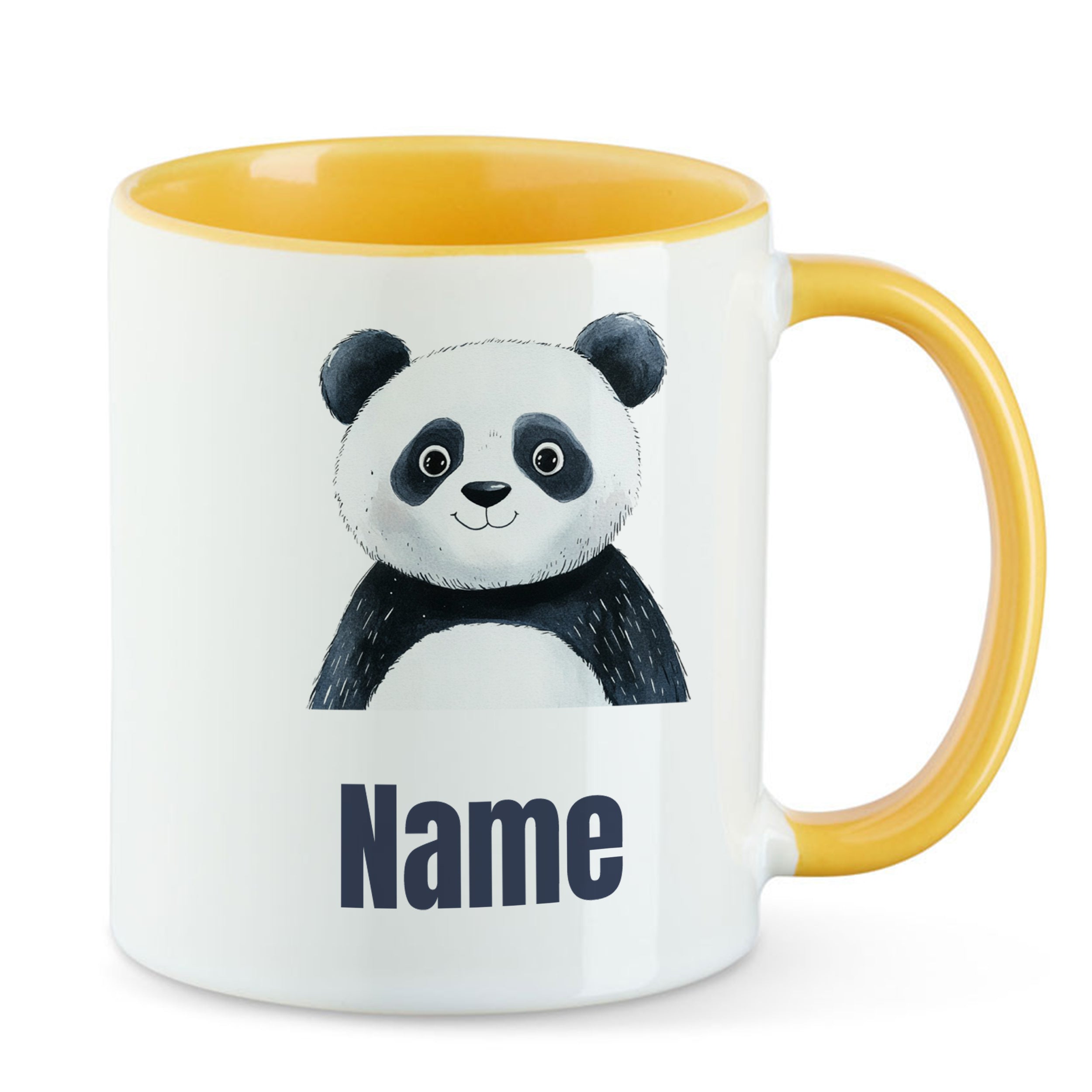 Tasse mit gelbem Henkel, Panda-Motiv und Platz für Namen.