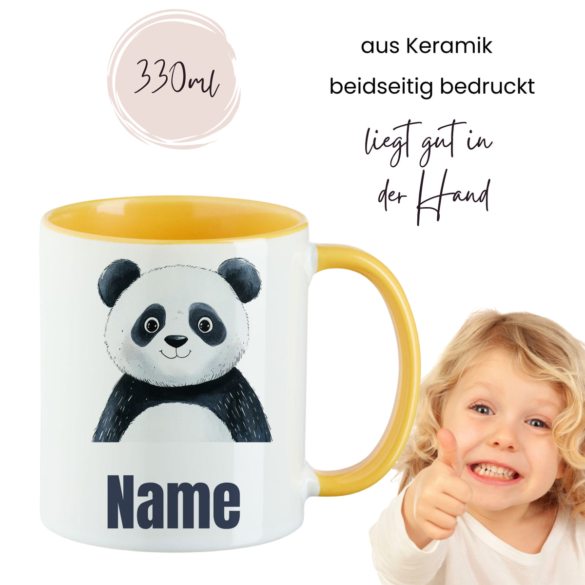 Keramiktasse mit Panda-Motiv, gelber Henkel, 330ml.