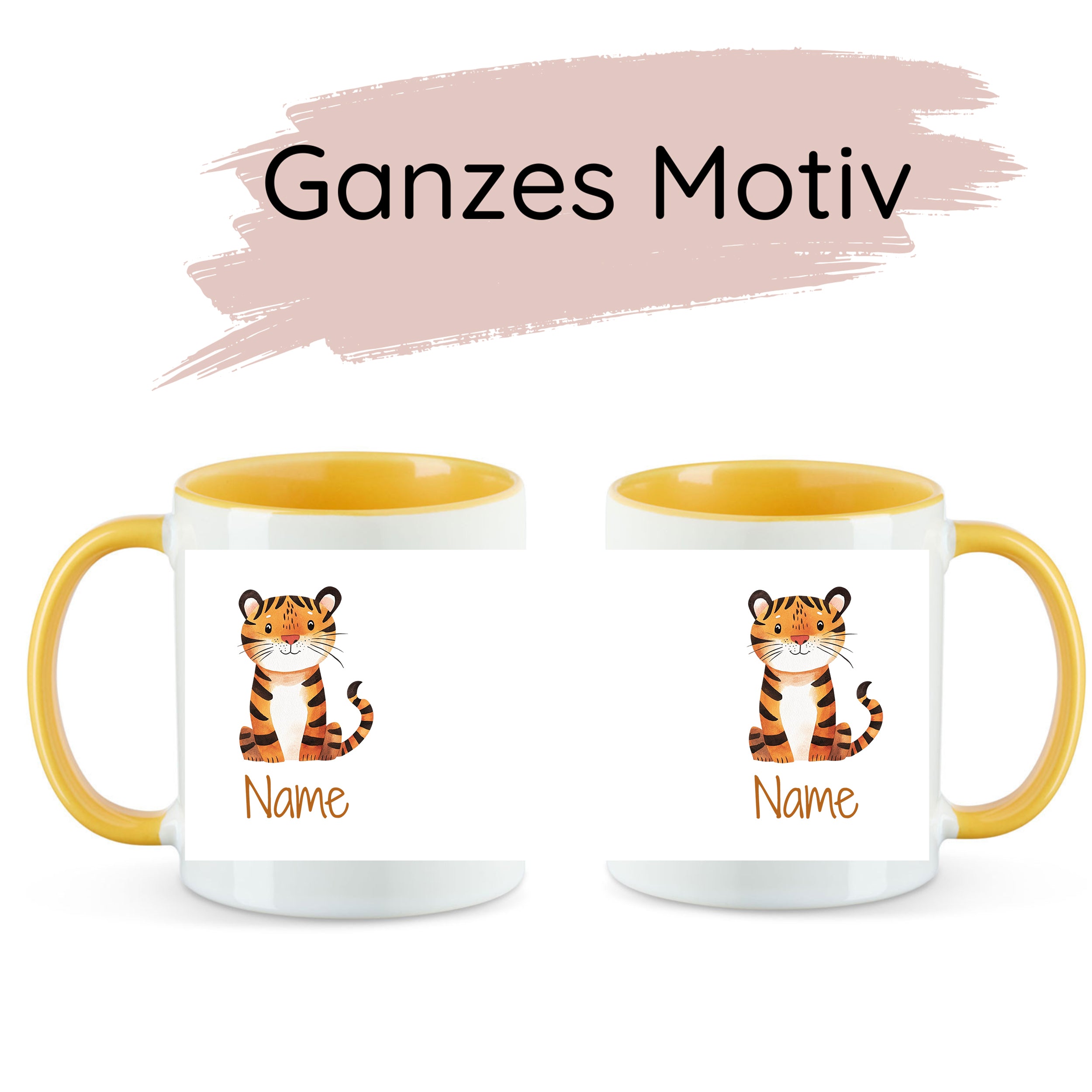Tassen mit Tiger-Motiv und gelbem Henkel, personalisierbar.