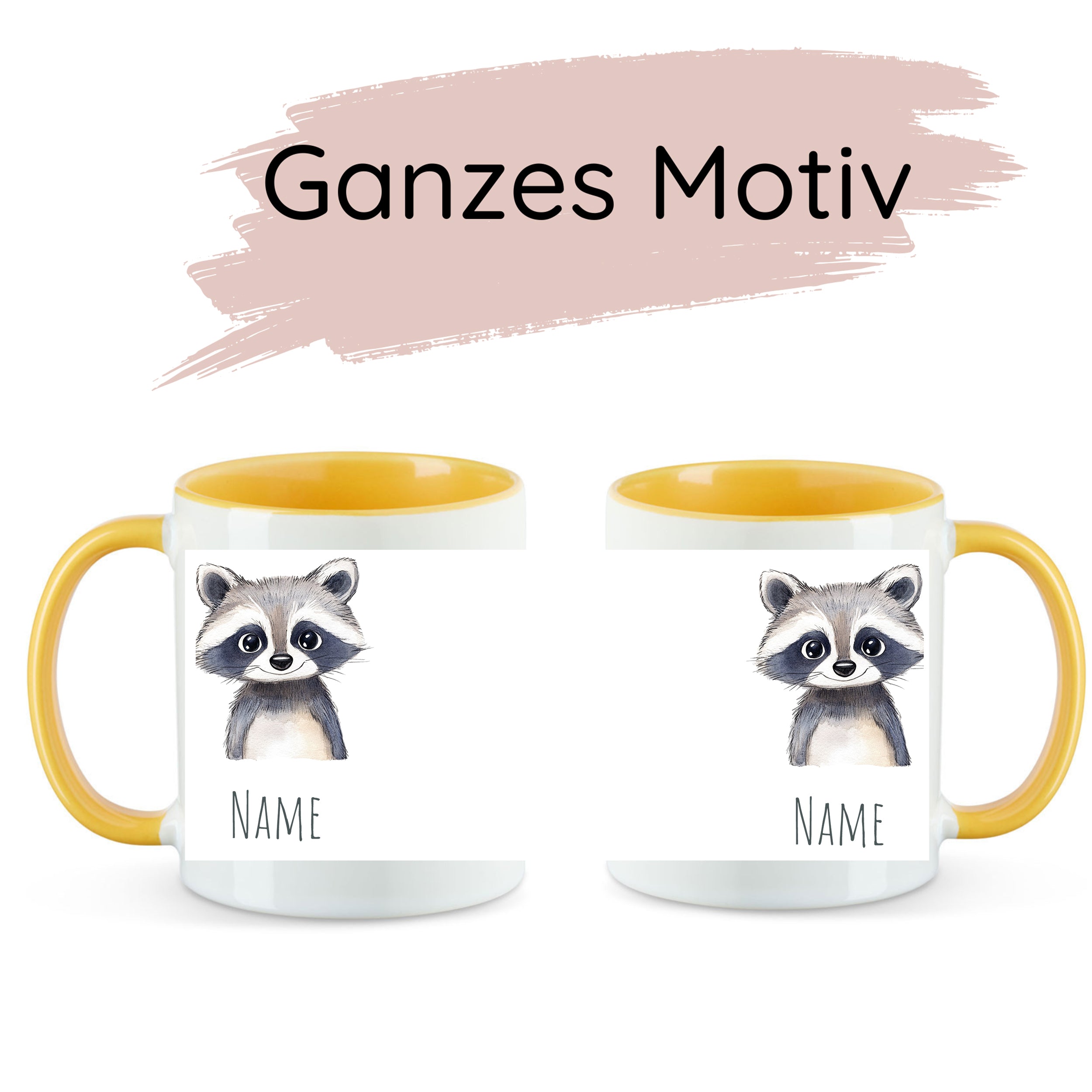 Tassen mit Waschbär-Motiv, gelber Henkel, personalisierbar.