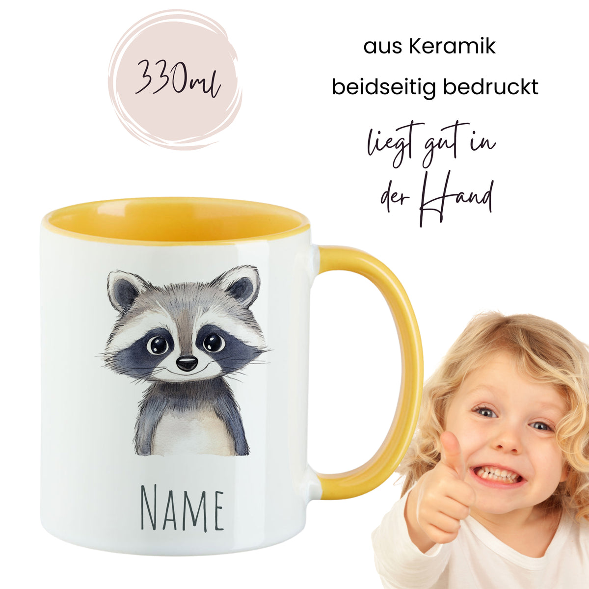 Keramiktasse mit Waschbär-Motiv, gelber Henkel, 330ml.