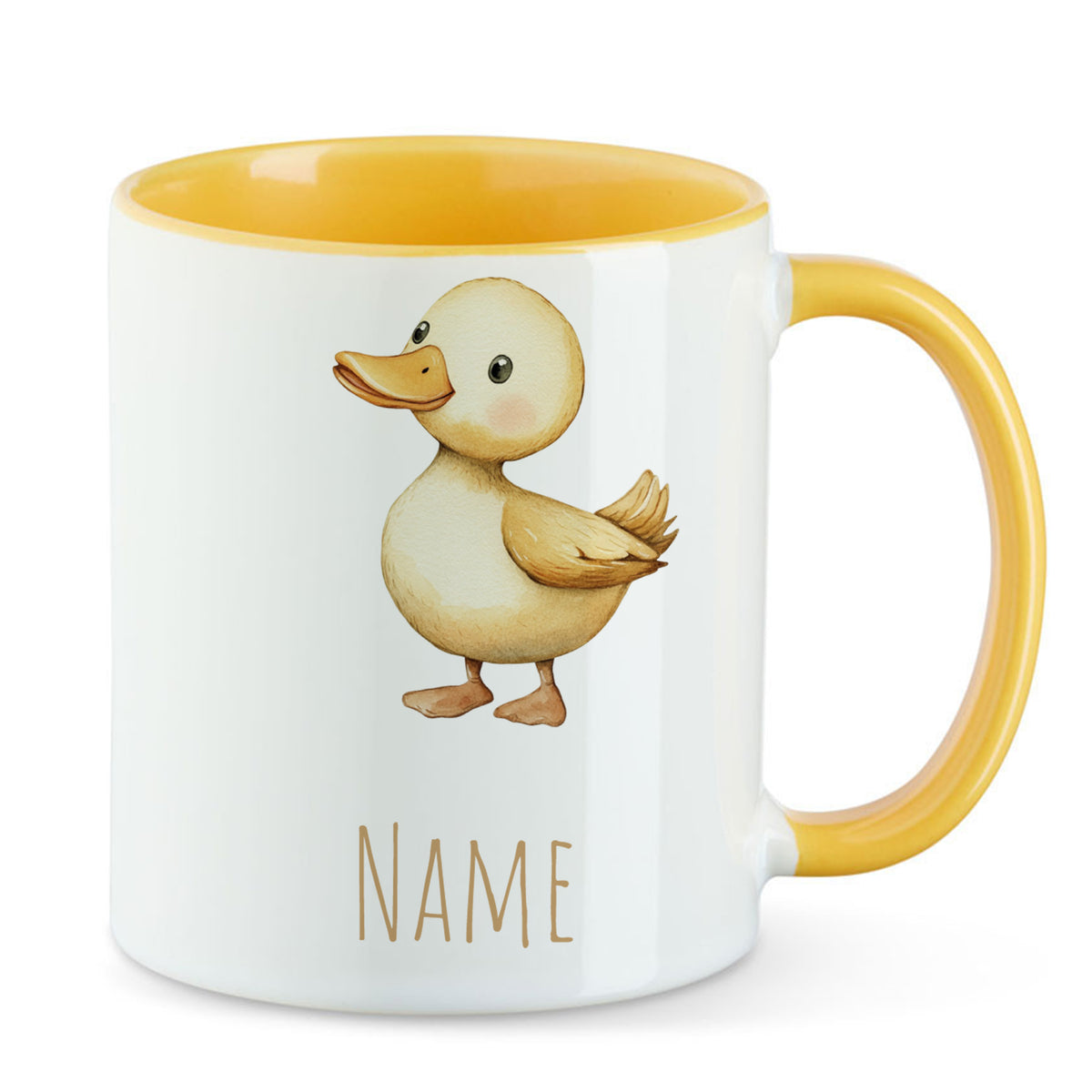 Tasse mit gelbem Henkel und Entenmotiv, personalisierbar.