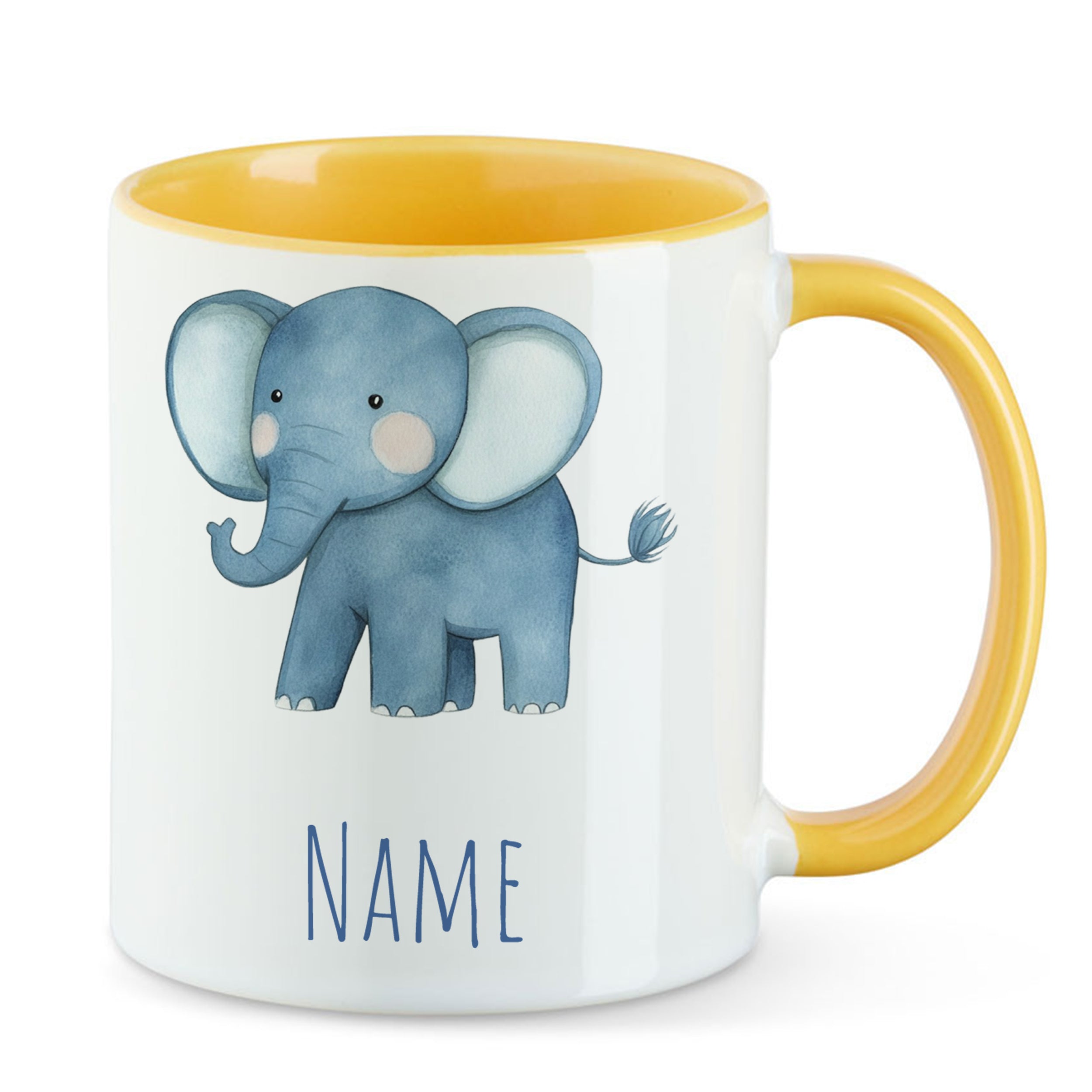 Tasse mit blauem Elefanten und gelbem Henkel.