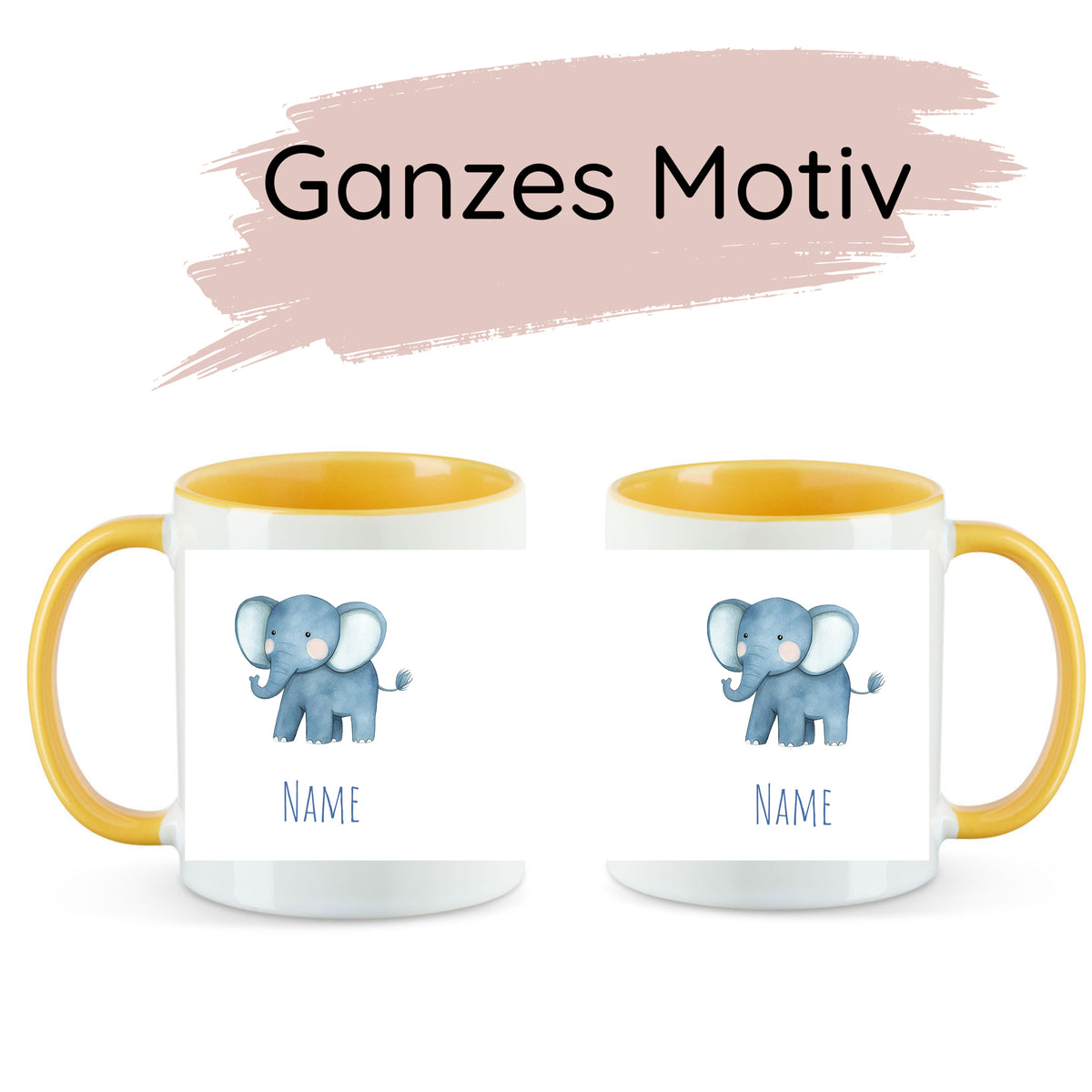 Tassen mit gelbem Henkel, Elefant-Design und Platz für Namen.