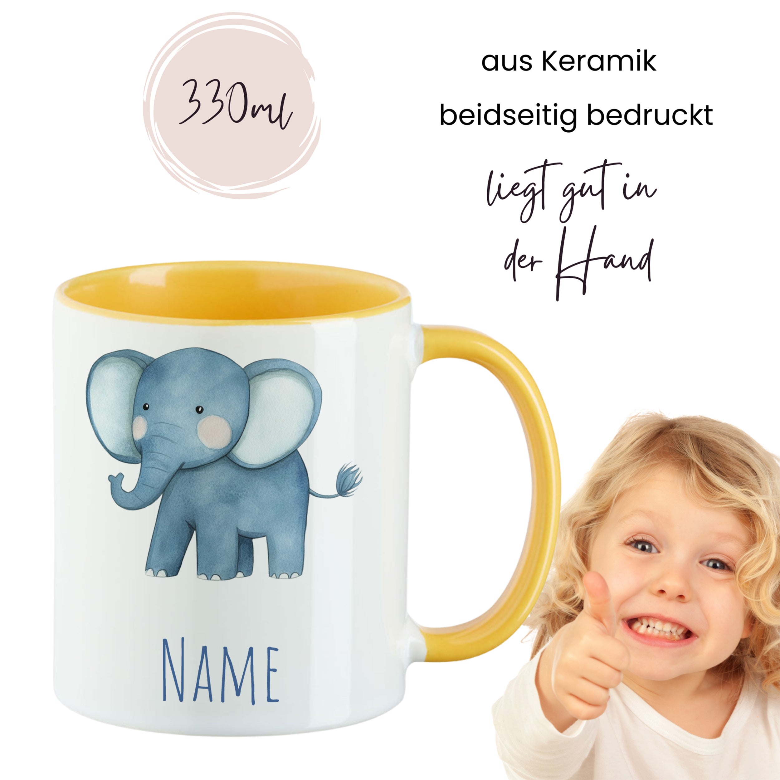 Keramiktasse mit gelbem Henkel, Elefant und personalisierbarem Namen.