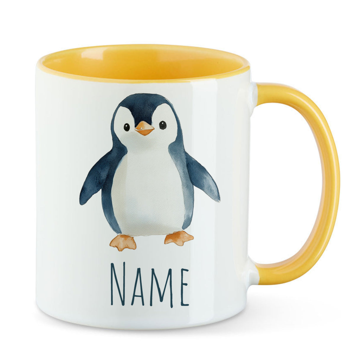 Tasse mit gelbem Henkel und Pinguin-Motiv, personalisierbar.