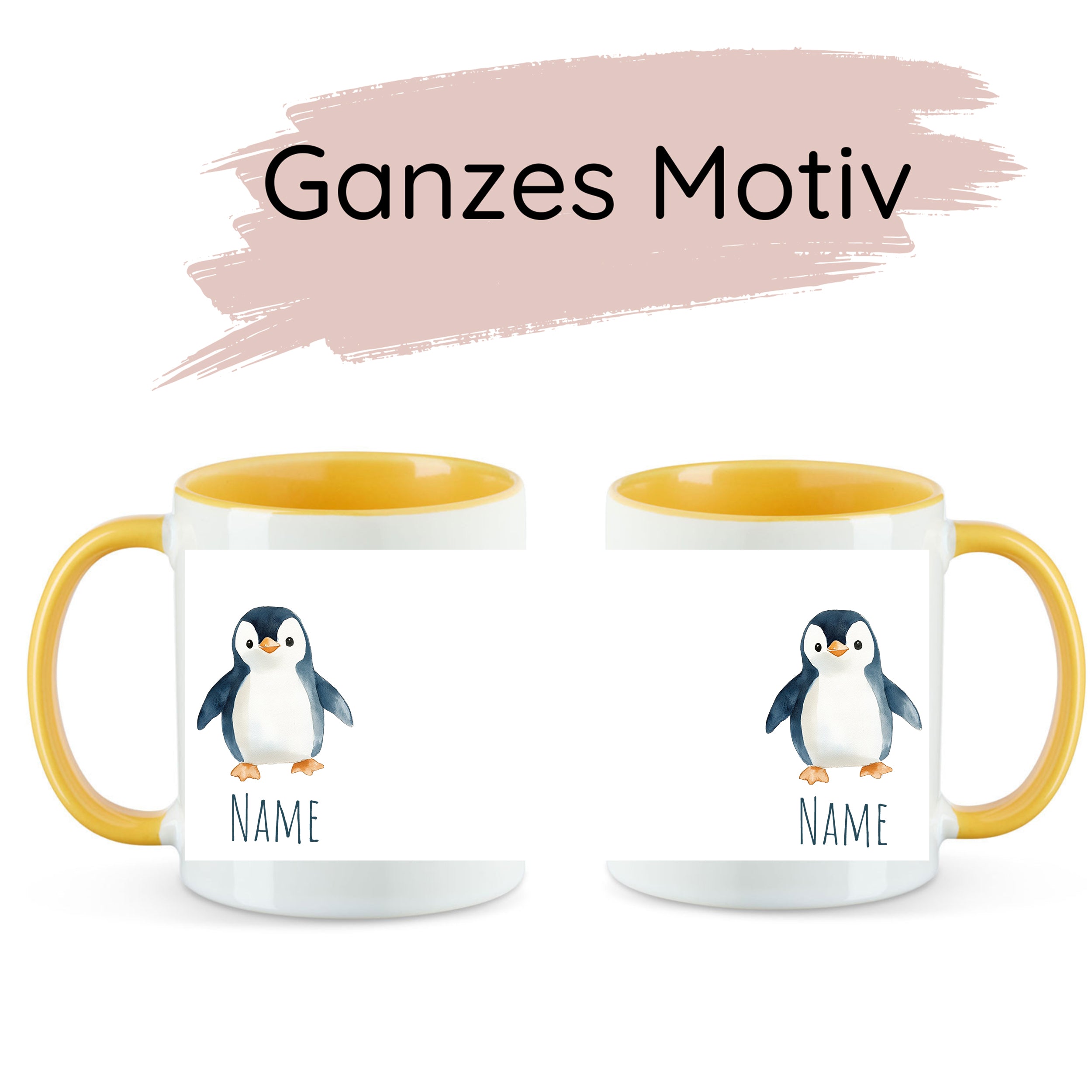 Tasse mit gelbem Henkel und Pinguin-Motiv.