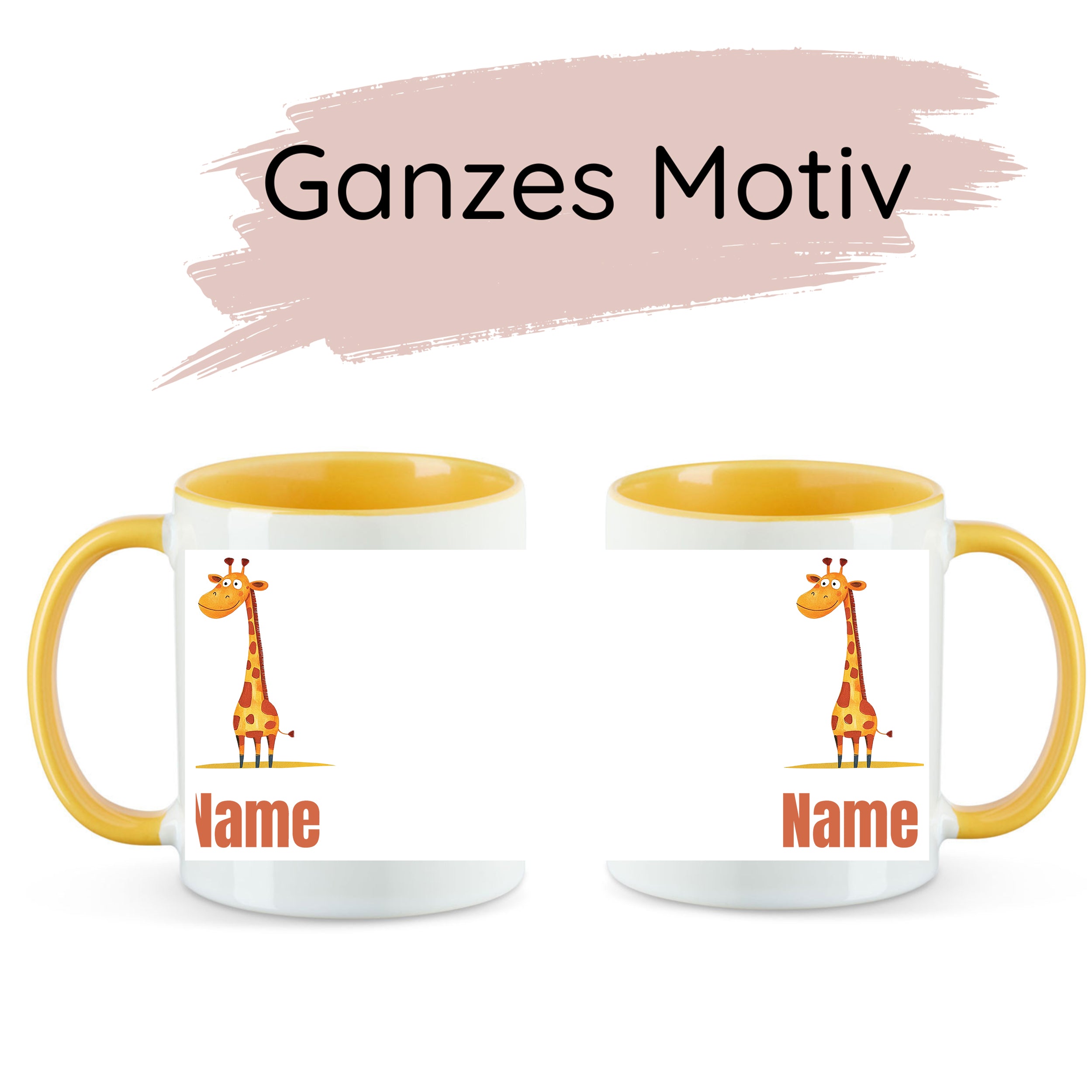 Tasse mit gelbem Henkel, Giraffenmotiv und personalisierbarem Namen.