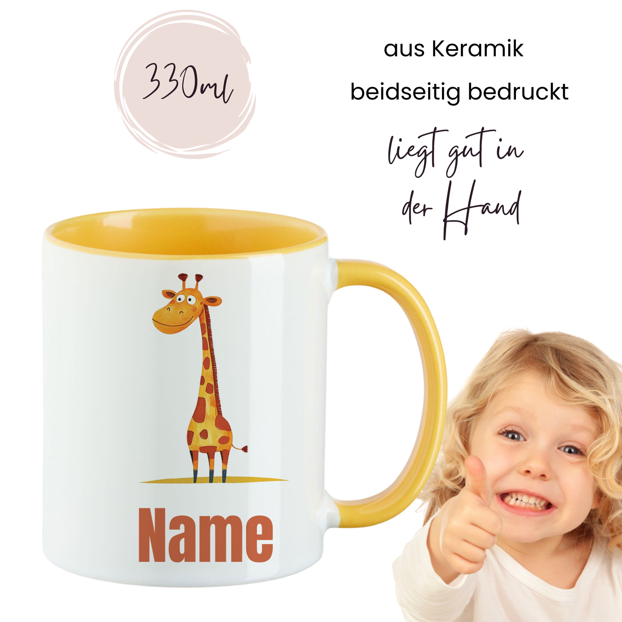 Keramiktasse mit Giraffe, gelber Henkel, 330ml.