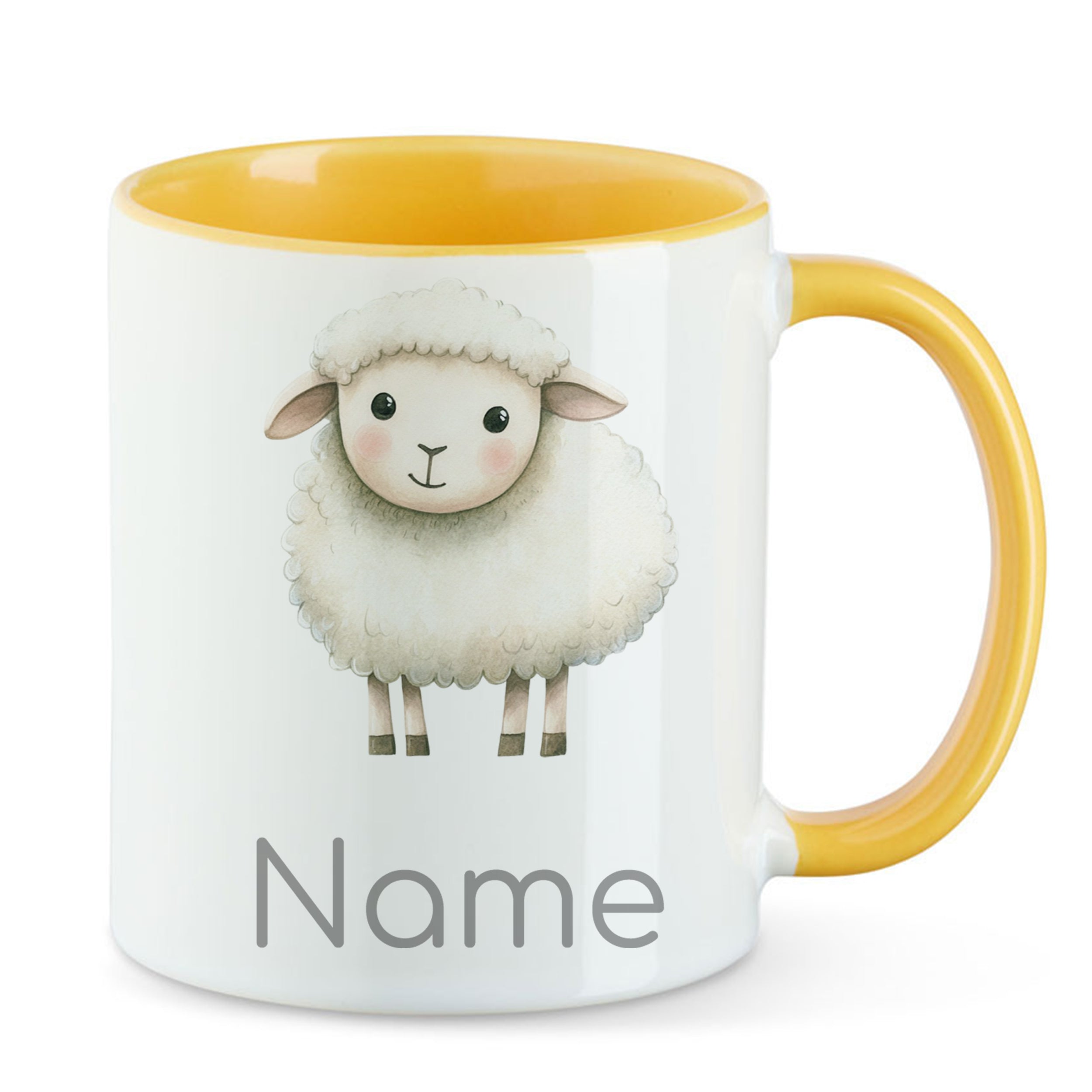 Tasse mit gelbem Henkel, Schaf-Motiv und Platz für Namen.