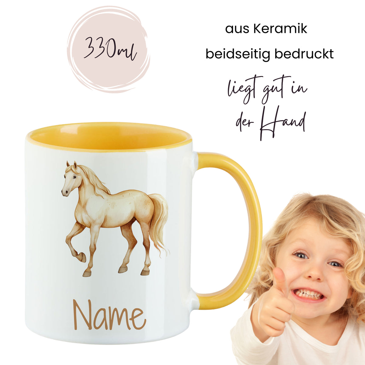 Keramiktasse mit Pferdemotiv, gelber Henkel, 330ml.