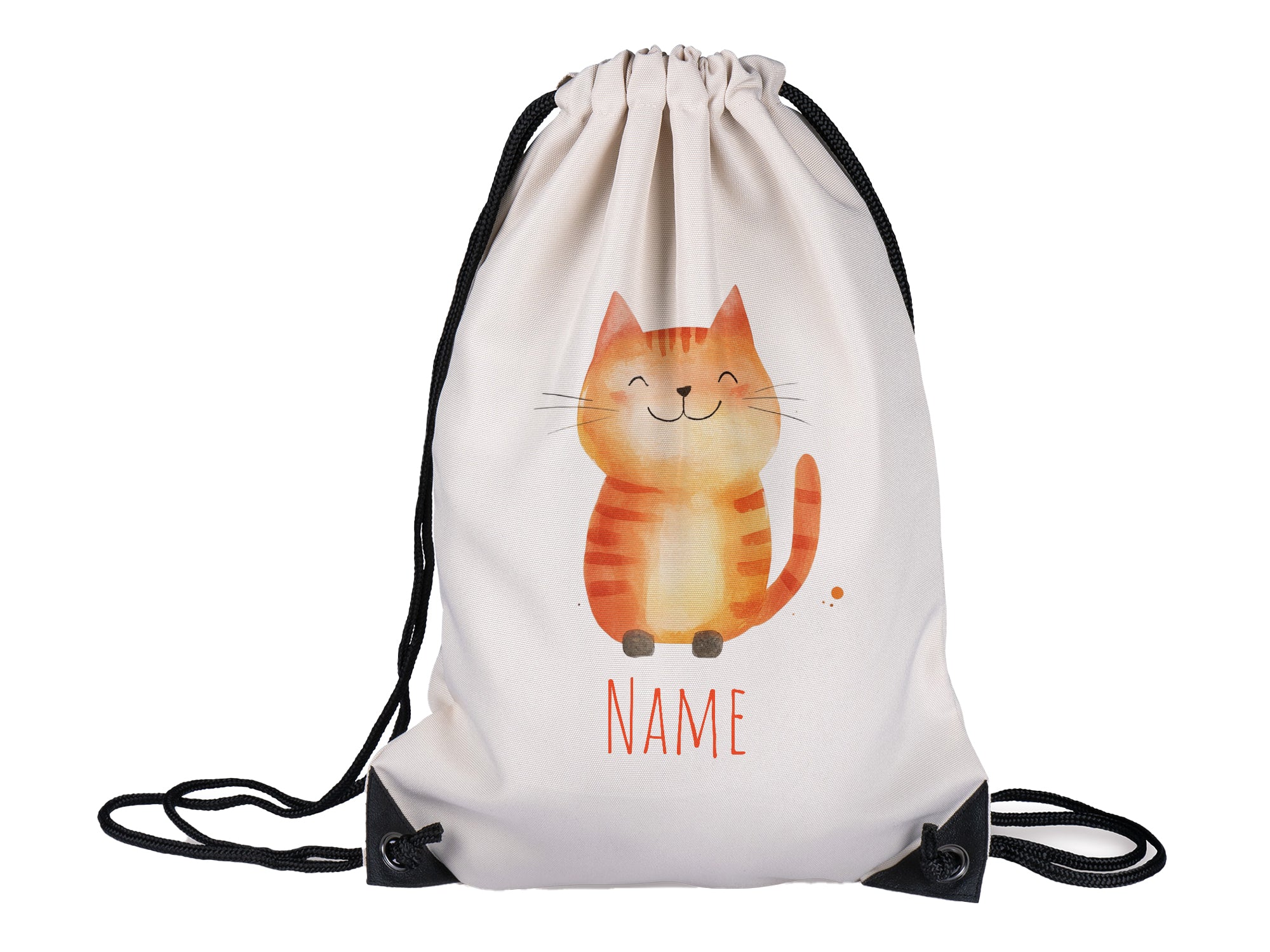 Beige Turnbeutel mit niedlicher Katze und personalisierbarem Namen.