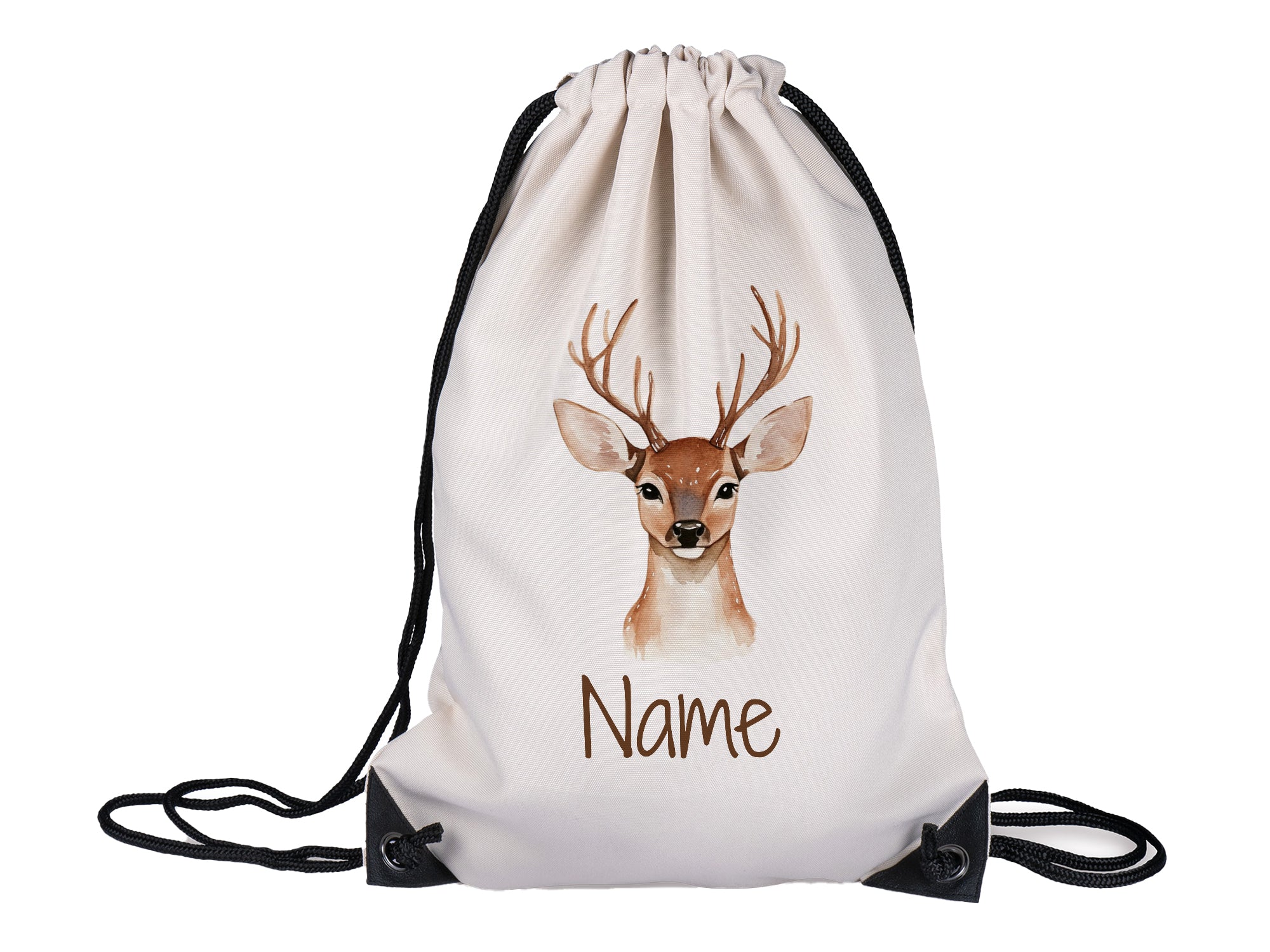 Beige Turnbeutel mit Reh-Motiv und personalisierbarem Namen.