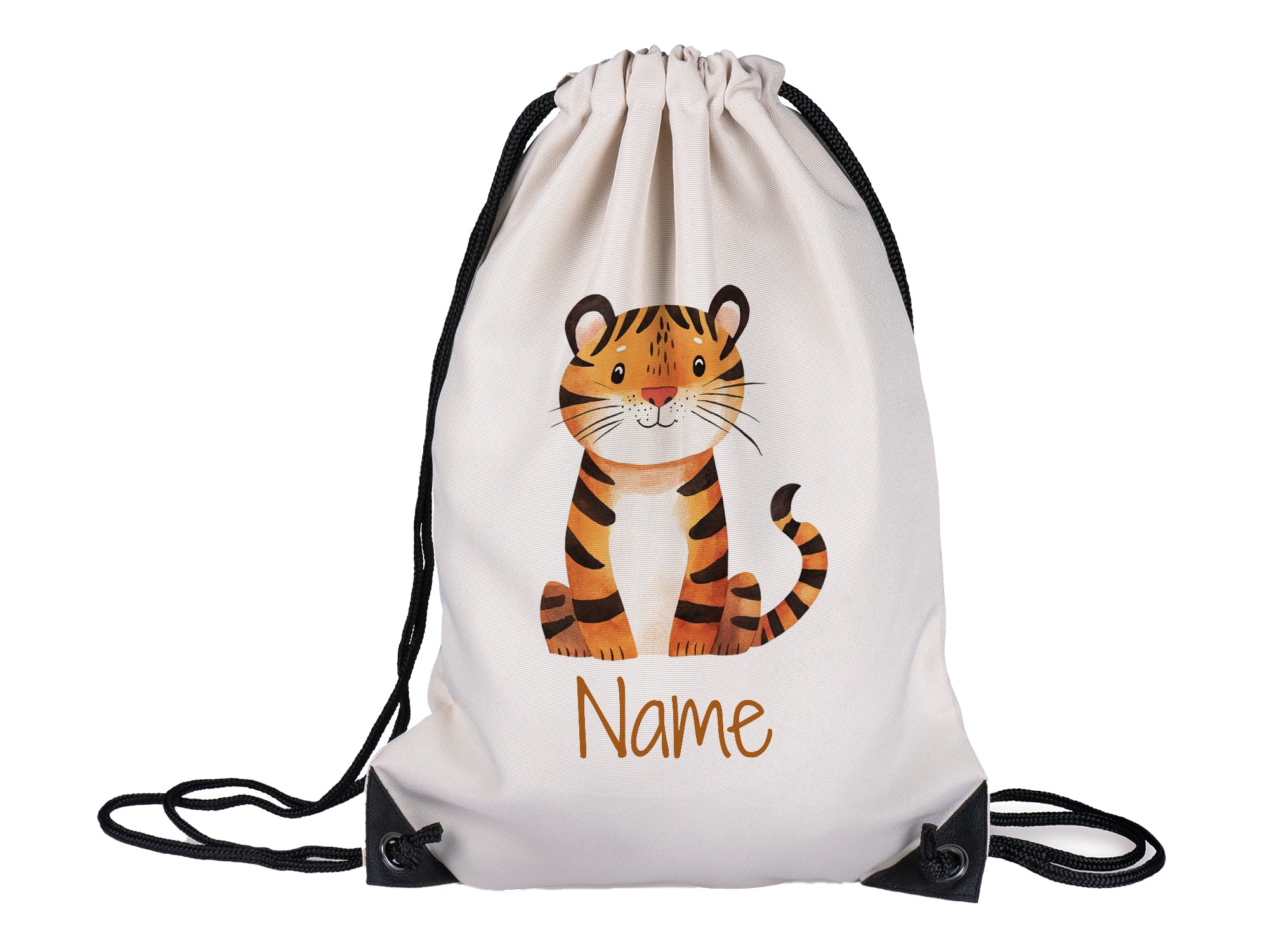 Beige Turnbeutel mit Tiger-Motiv und Platz für Namen.