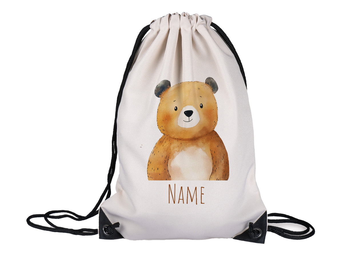 Beige Rucksack mit Bärenmotiv und personalisierbarem Namen.