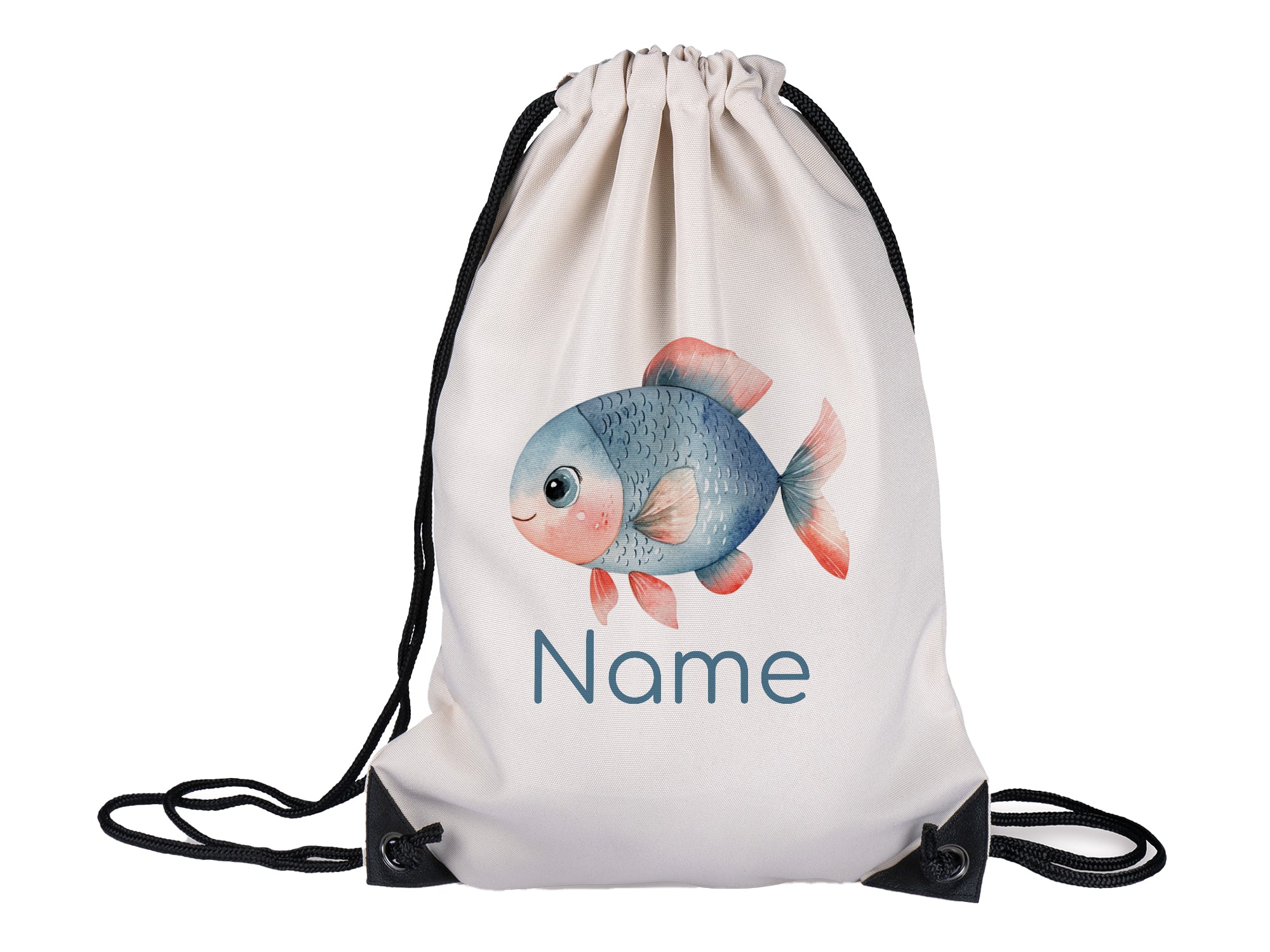 Beige Turnbeutel mit buntem Fisch und personalisiertem Namen.