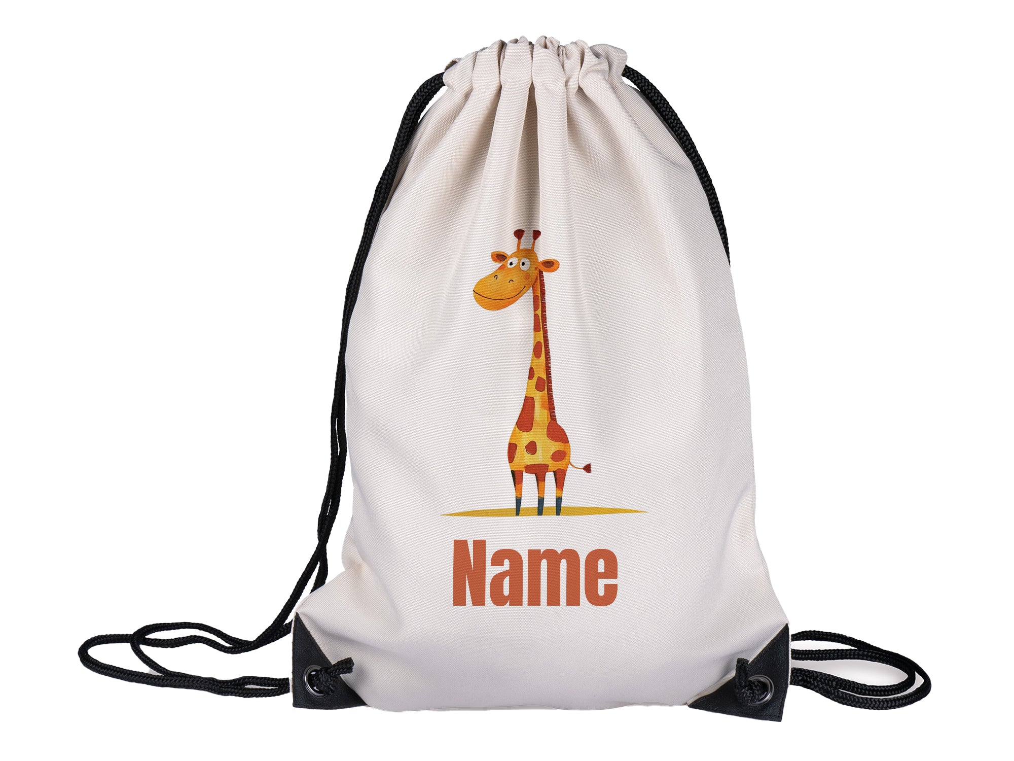 Beige Turnbeutel mit Giraffenmotiv und Platz für Namen.