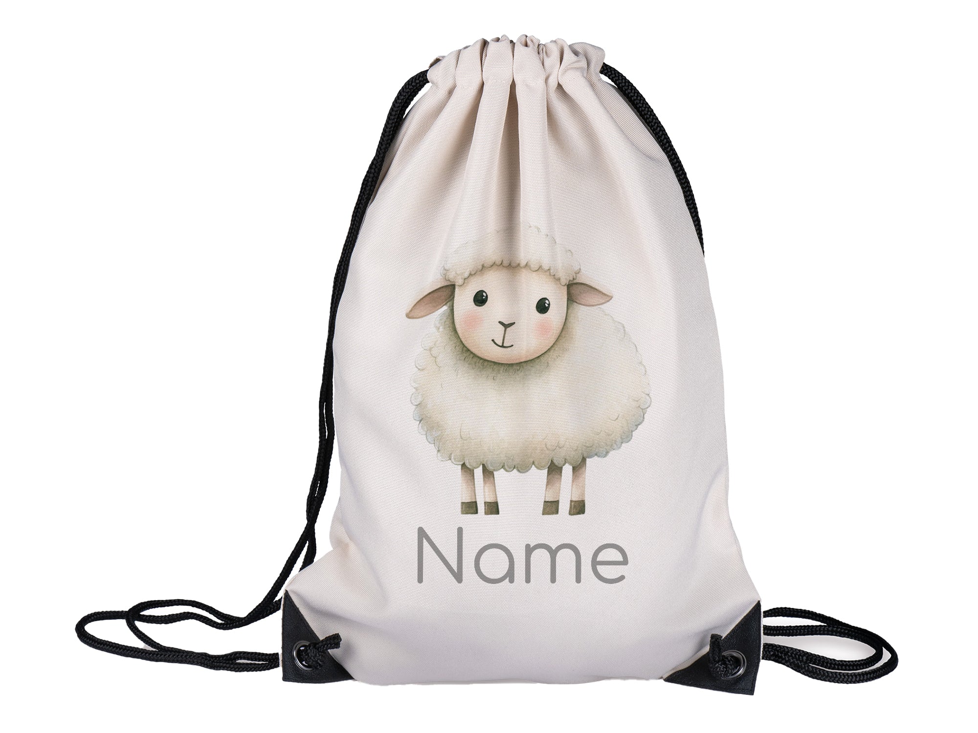 Rucksack mit Schafmotiv und personalisierbarem Namen.