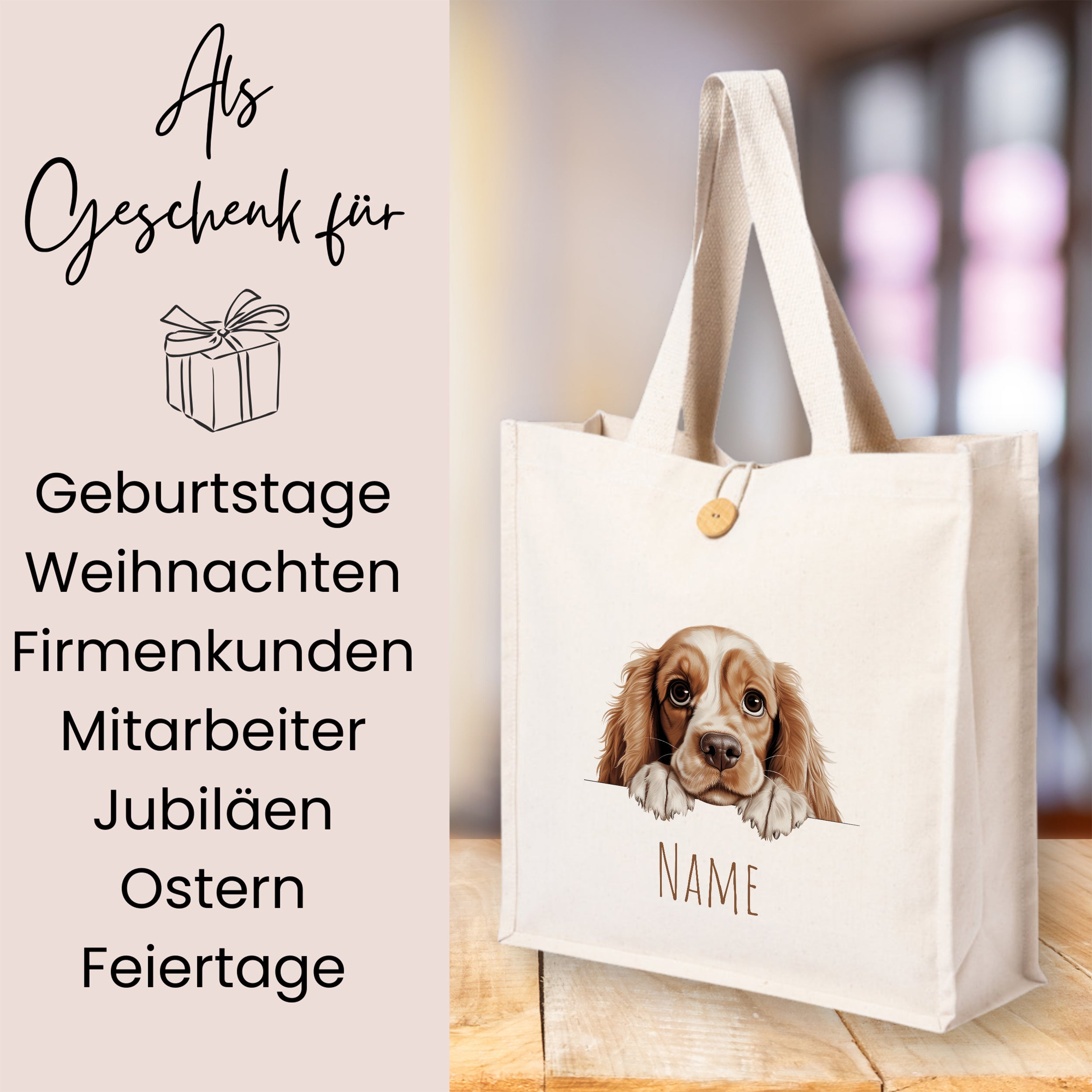 Beige Stofftasche mit Hundemotiv und personalisierbarem Namen.