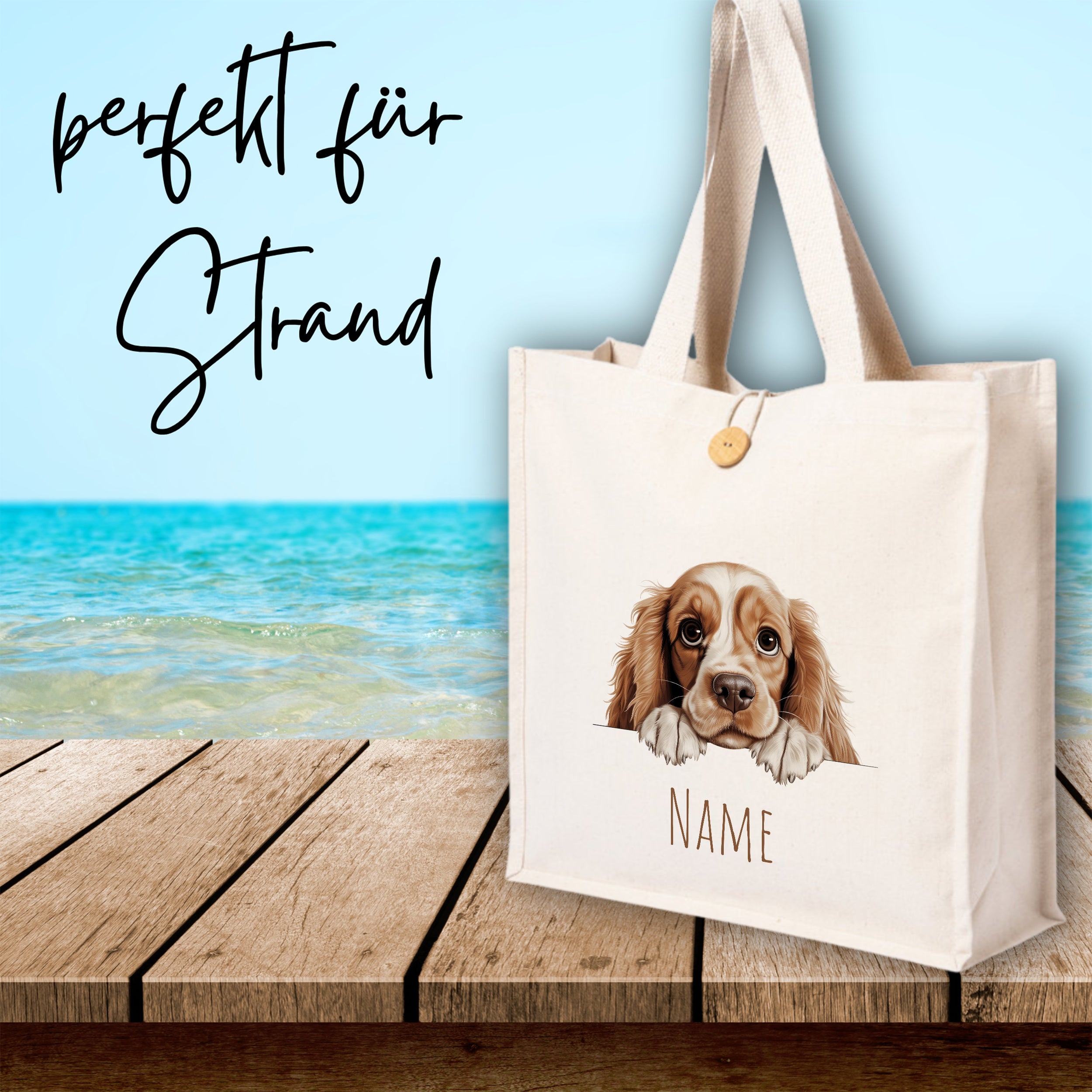 Beige Strandtasche mit Hundemotiv und personalisierbarem Namen.