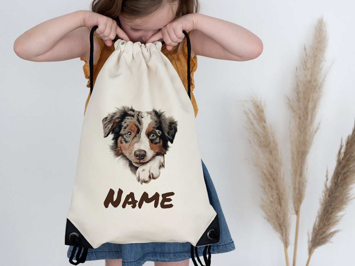 Beige Rucksack mit Hundemotiv und personalisiertem Namen