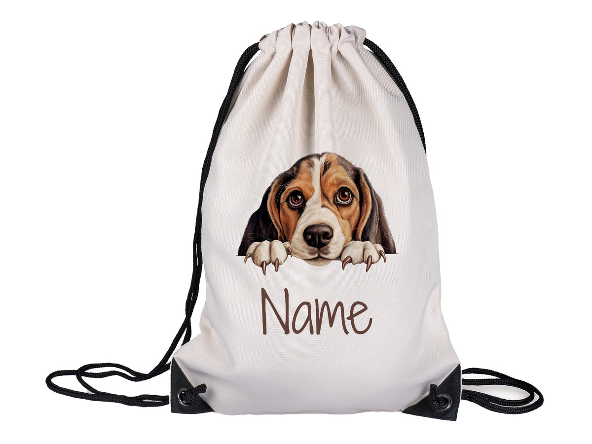 Beige Turnbeutel mit Beagle-Motiv und personalisierbarem Namen.