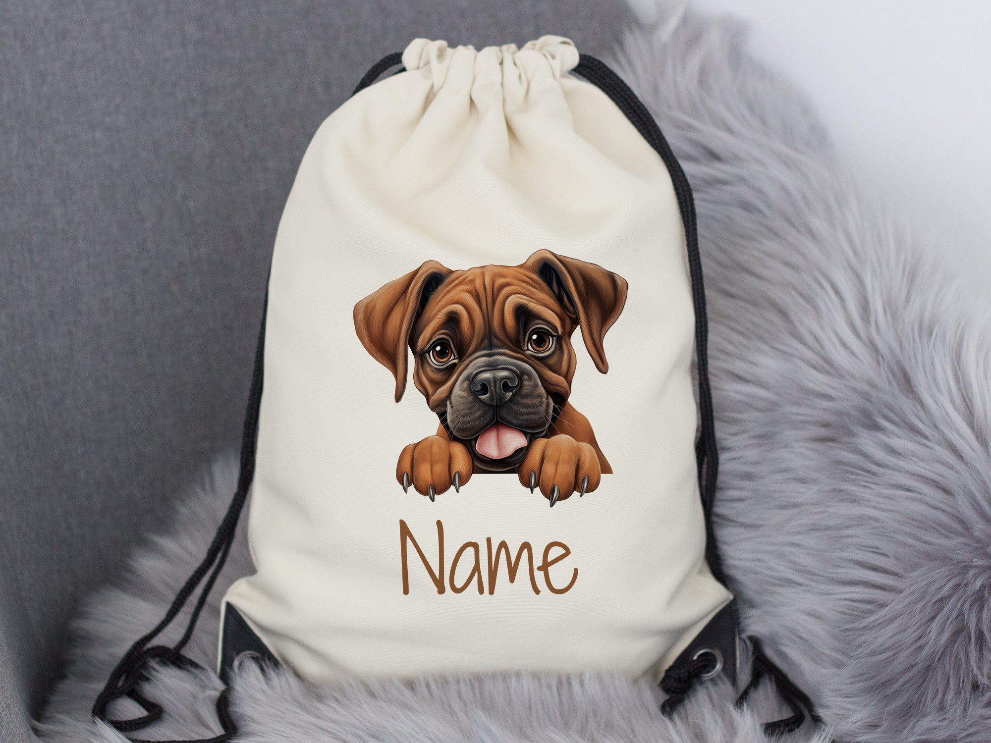 Beige Turnbeutel mit Boxer-Hund und personalisierbarem Namen.