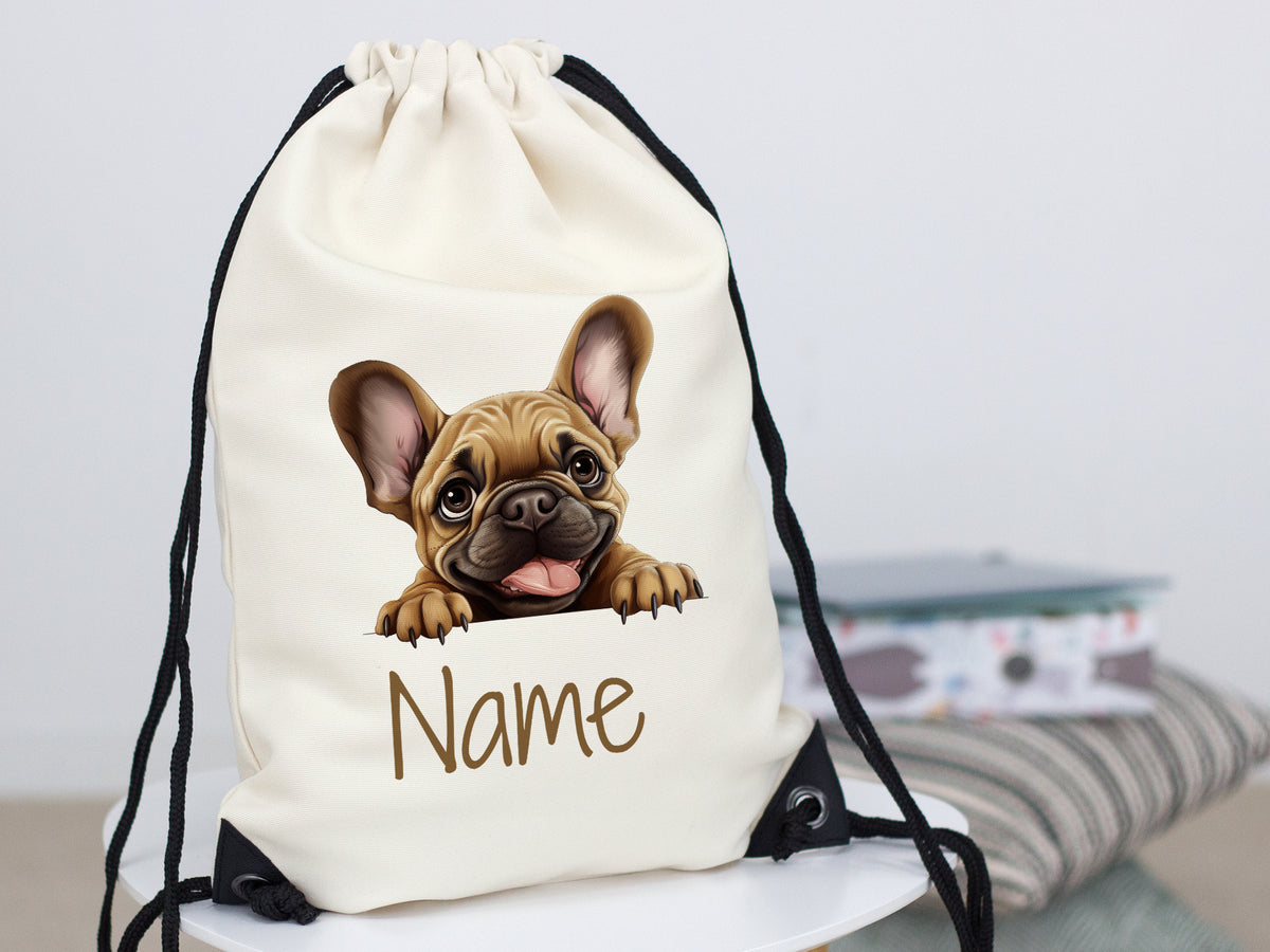 Beige Turnbeutel mit französischem Bulldoggen-Motiv und Namensfeld.