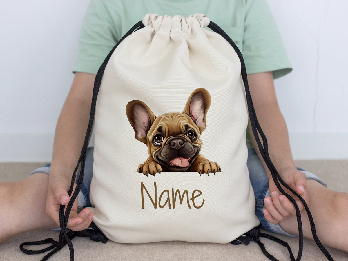 Beige Turnbeutel mit französischer Bulldogge und personalisiertem Namen.