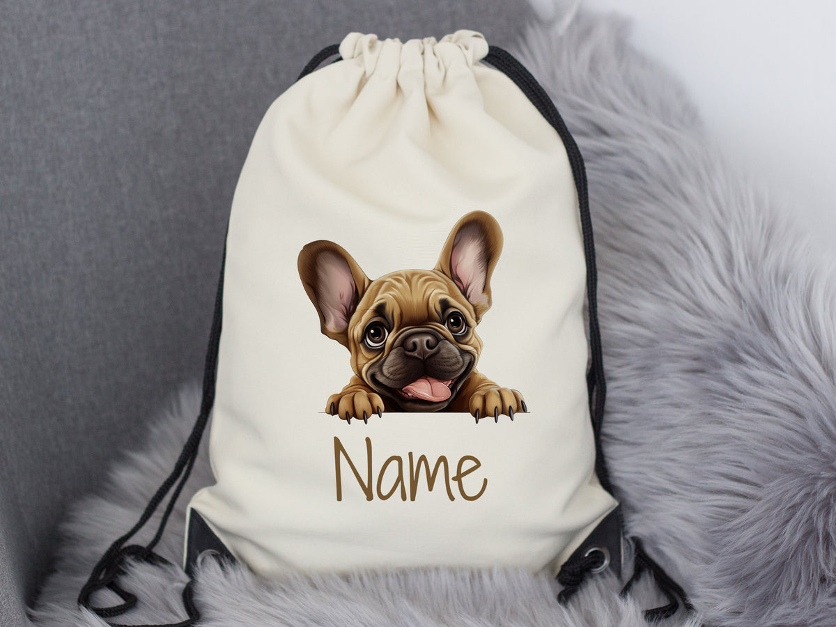 Beige Rucksack mit französischem Bulldoggen-Motiv und Platz für Namen.
