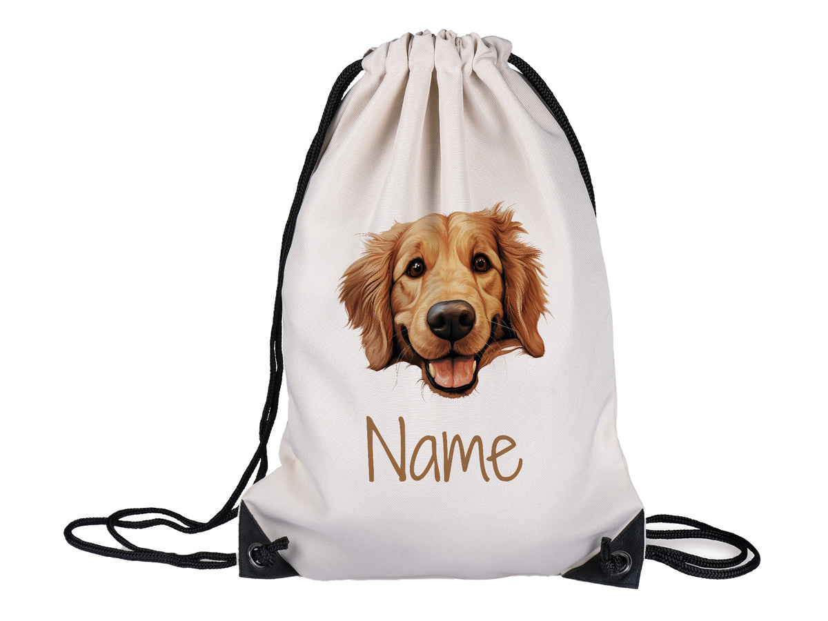 Beige Turnbeutel mit Hundegesicht und personalisierbarem Namen.