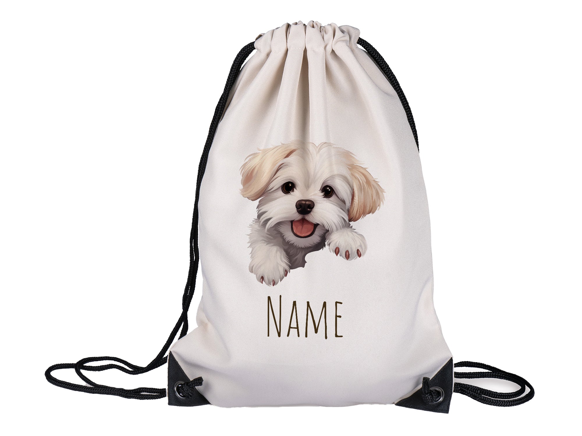 Beige Turnbeutel mit Hundemotiv und personalisierbarem Namen.