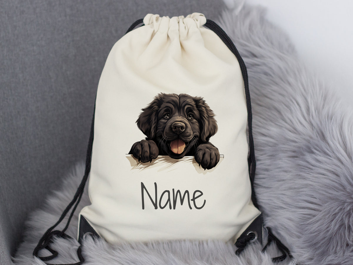 Beige Rucksack mit Hundemotiv und personalisierbarem Namen.