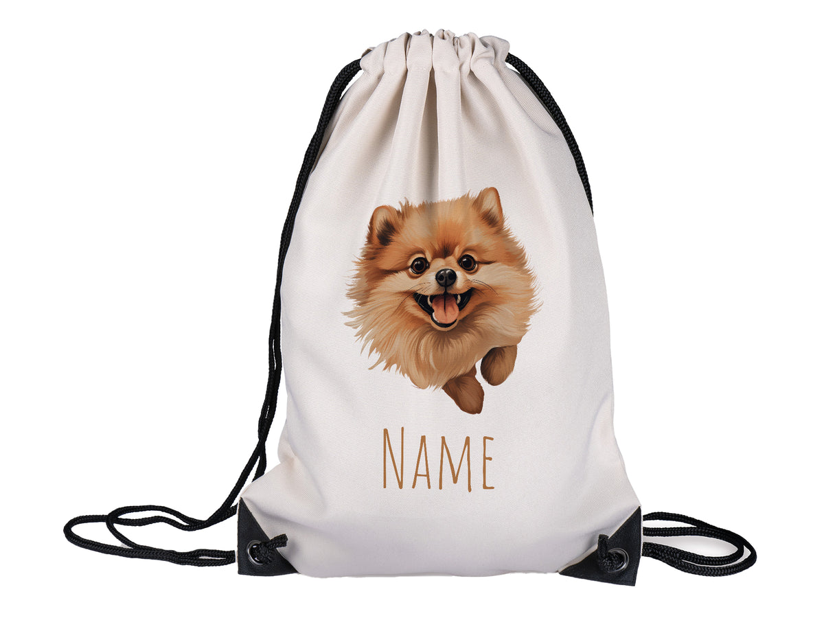 Beige Turnbeutel mit Pomeranian-Motiv und Platz für Namen.