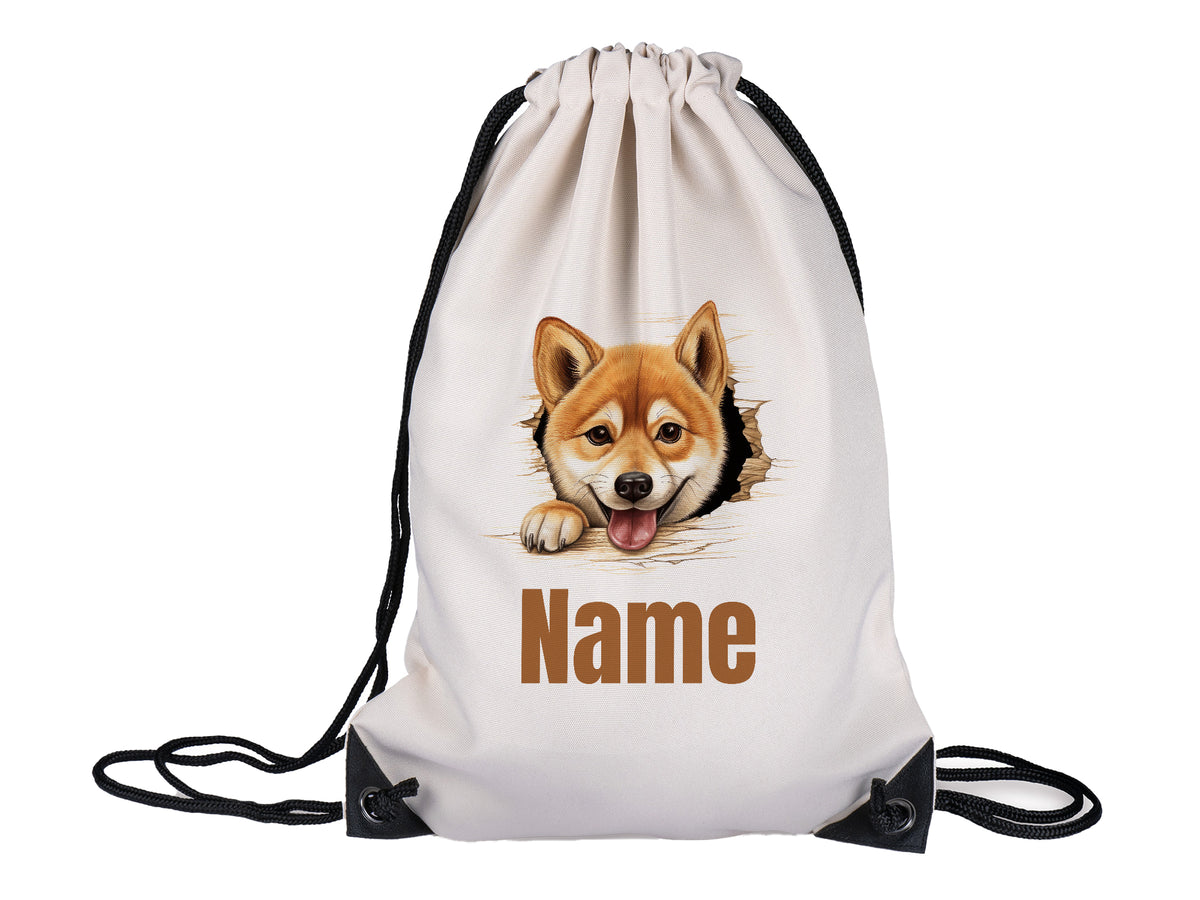 Beige Turnbeutel mit Corgi-Motiv und personalisierbarem Namen.