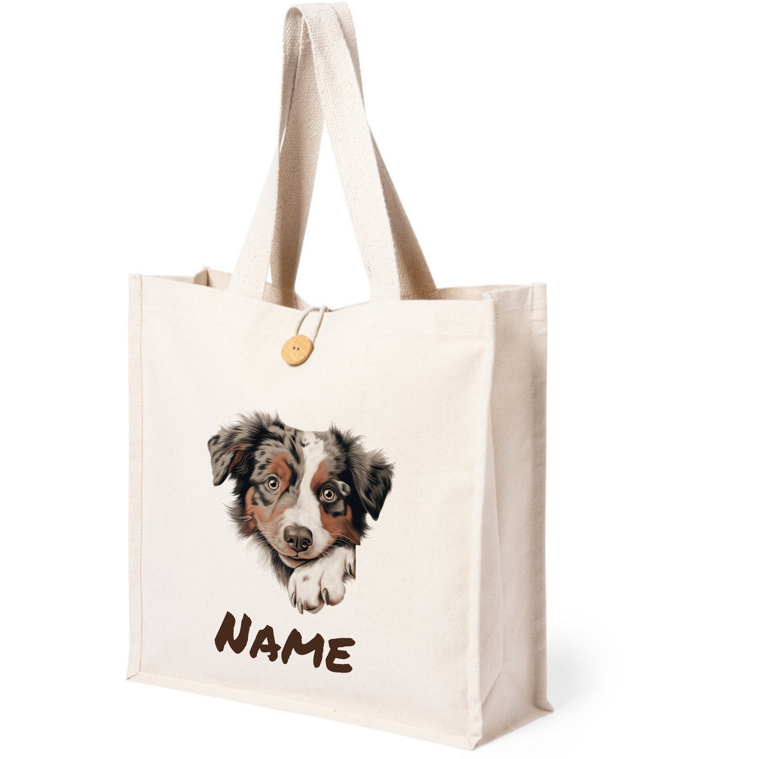 Beige Tasche mit Hundemotiv und personalisierbarem Namen.