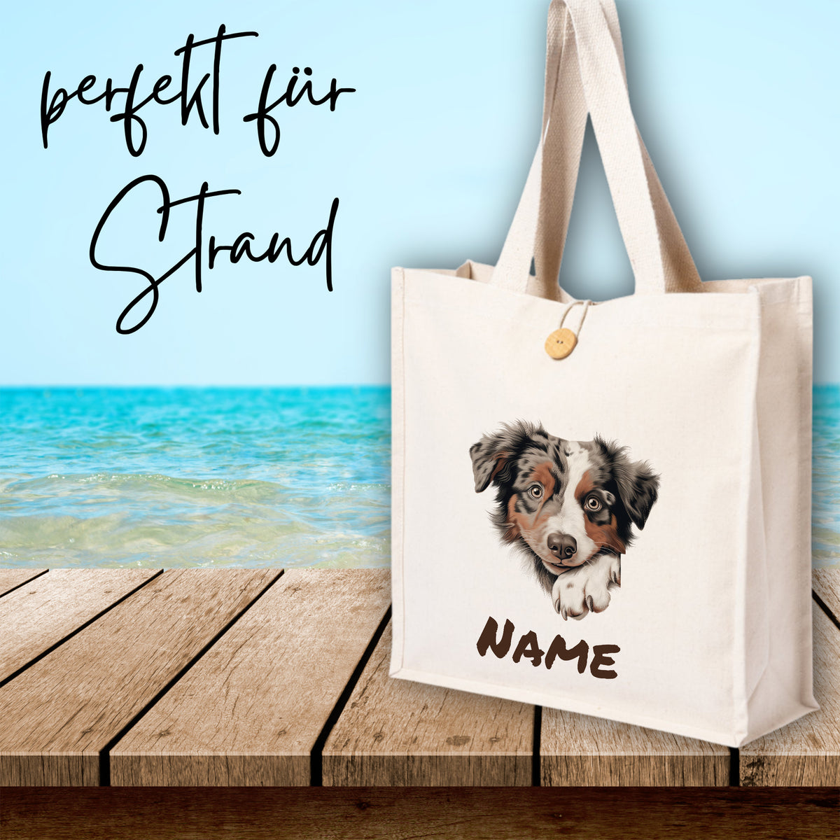 Beige Strandtasche mit Hundemotiv und personalisierbarem Namen.