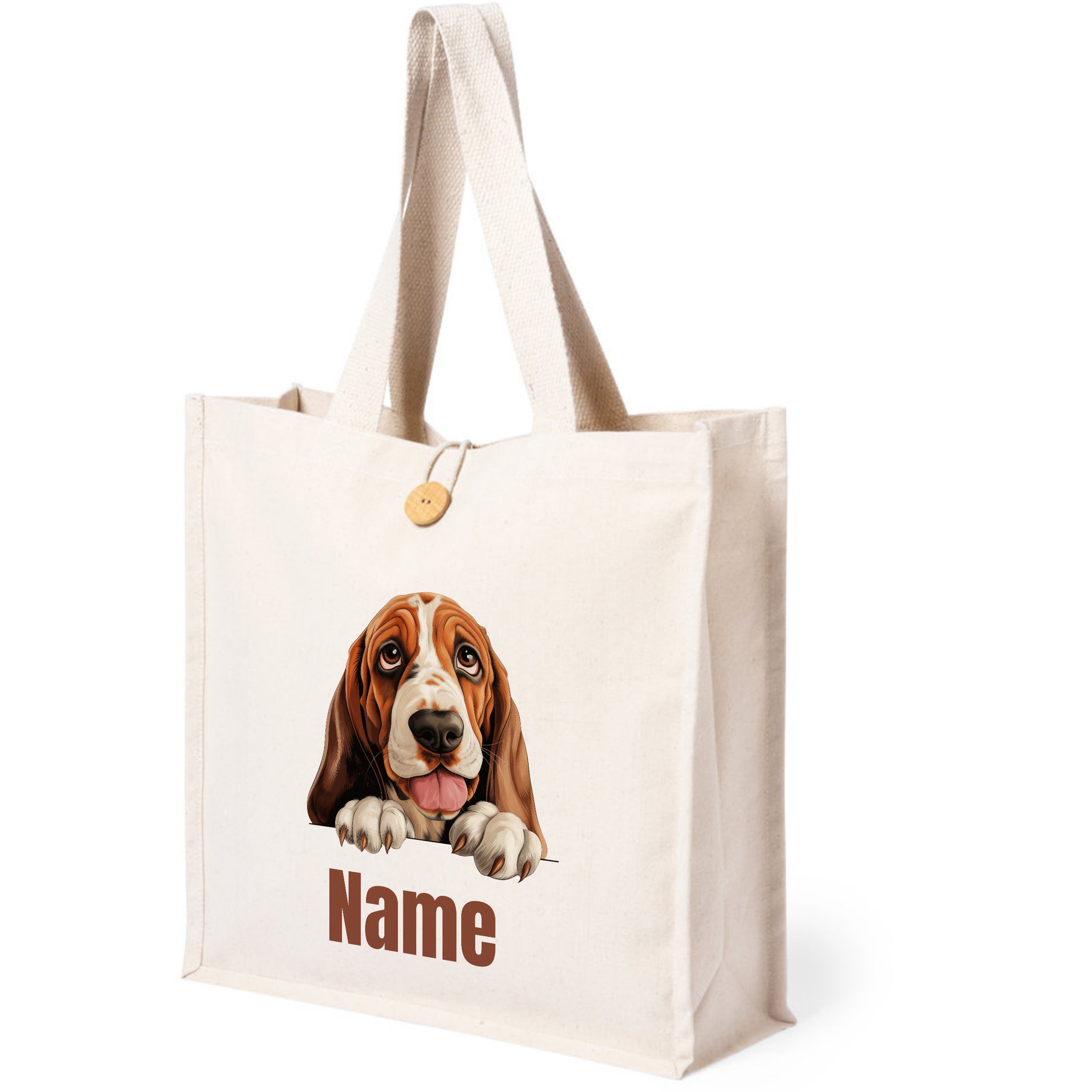 Beige Tasche mit Hundemotiv und personalisierbarem Namen.