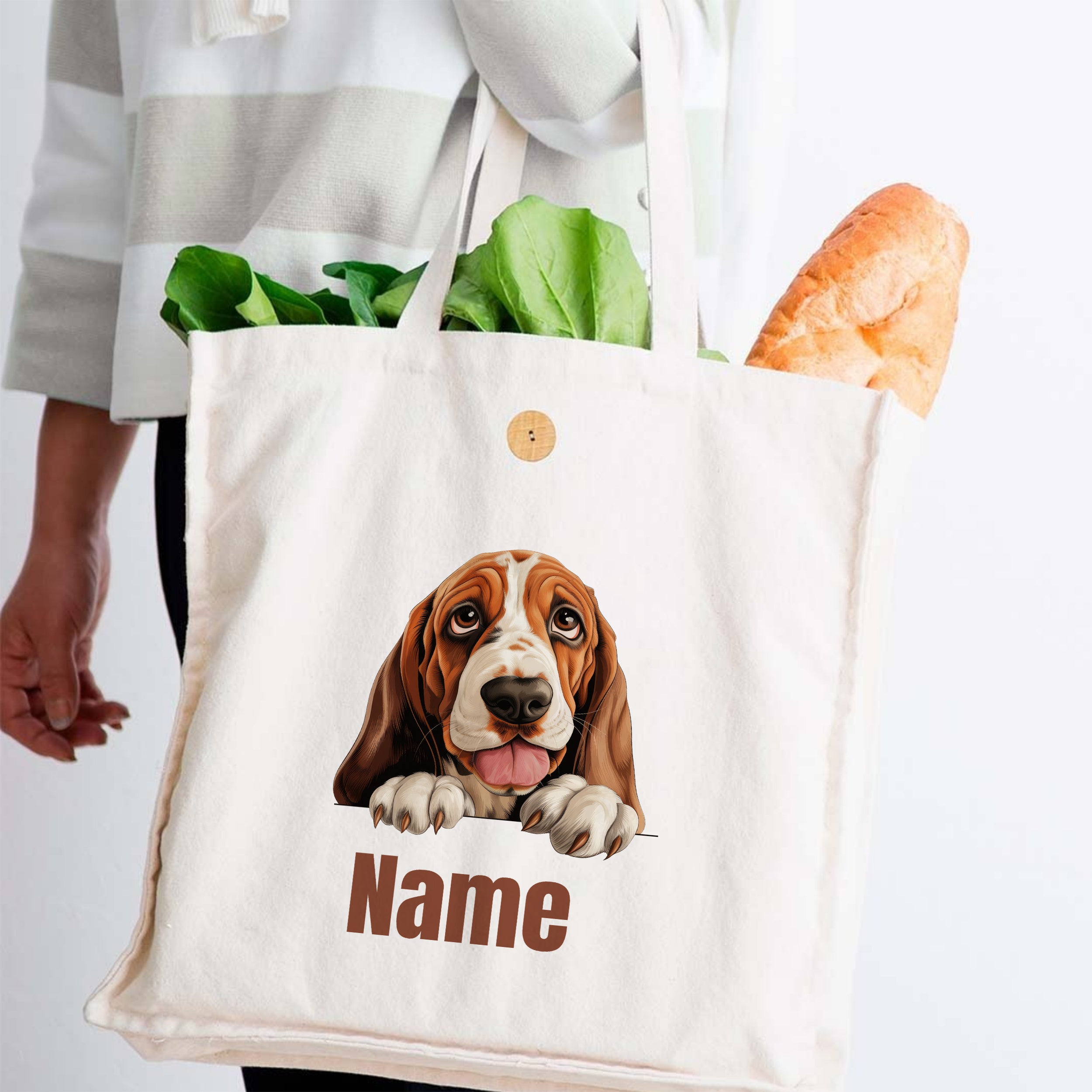 Beige Baumwolltasche mit Hundemotiv und personalisiertem Namen.