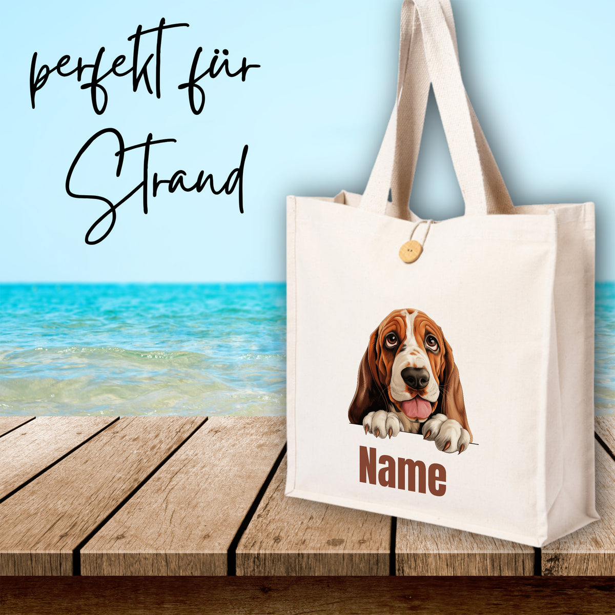 Beige Strandtasche mit Hundemotiv und personalisierbarem Namen.