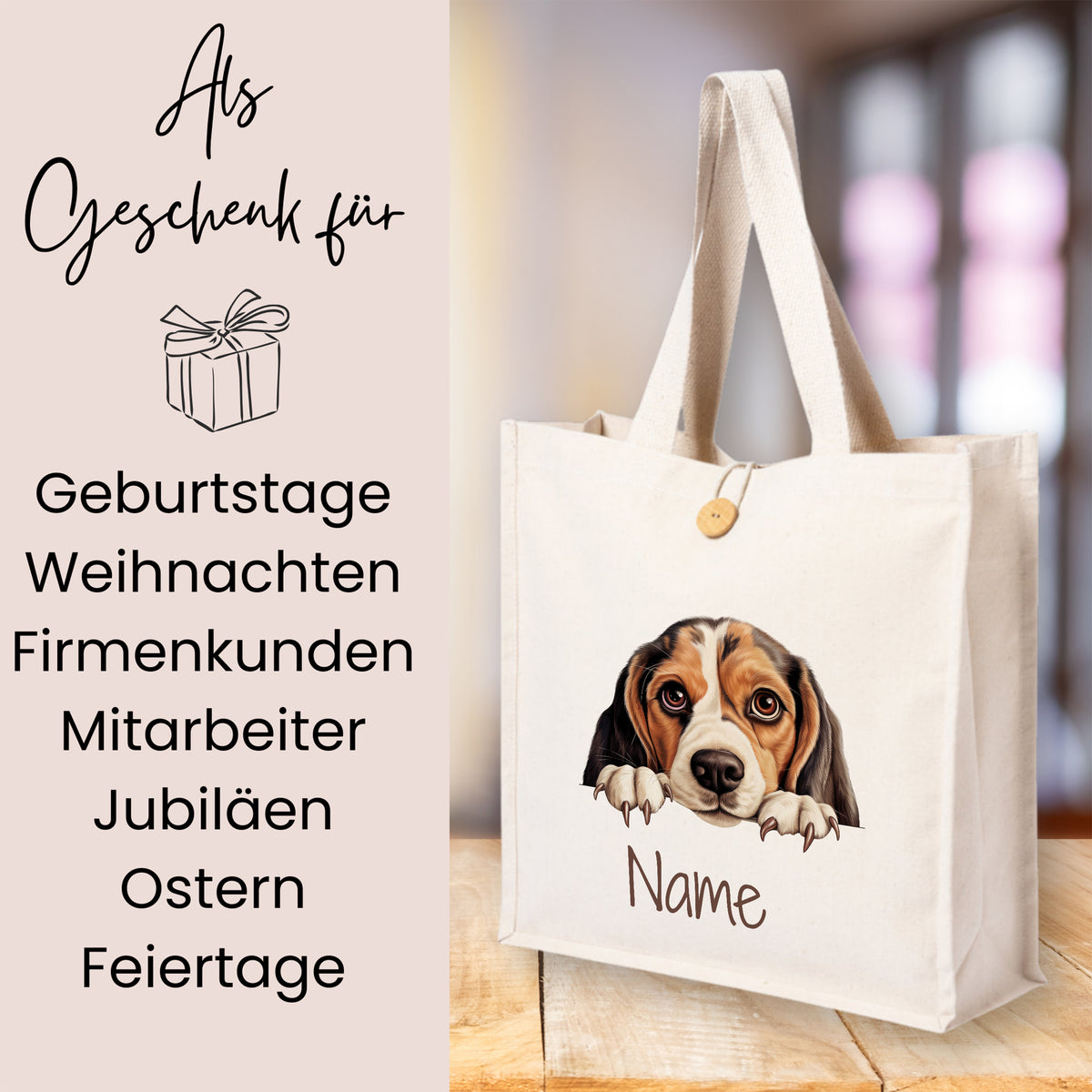 Beige Tasche mit Beagle-Motiv und personalisierbarem Namen.