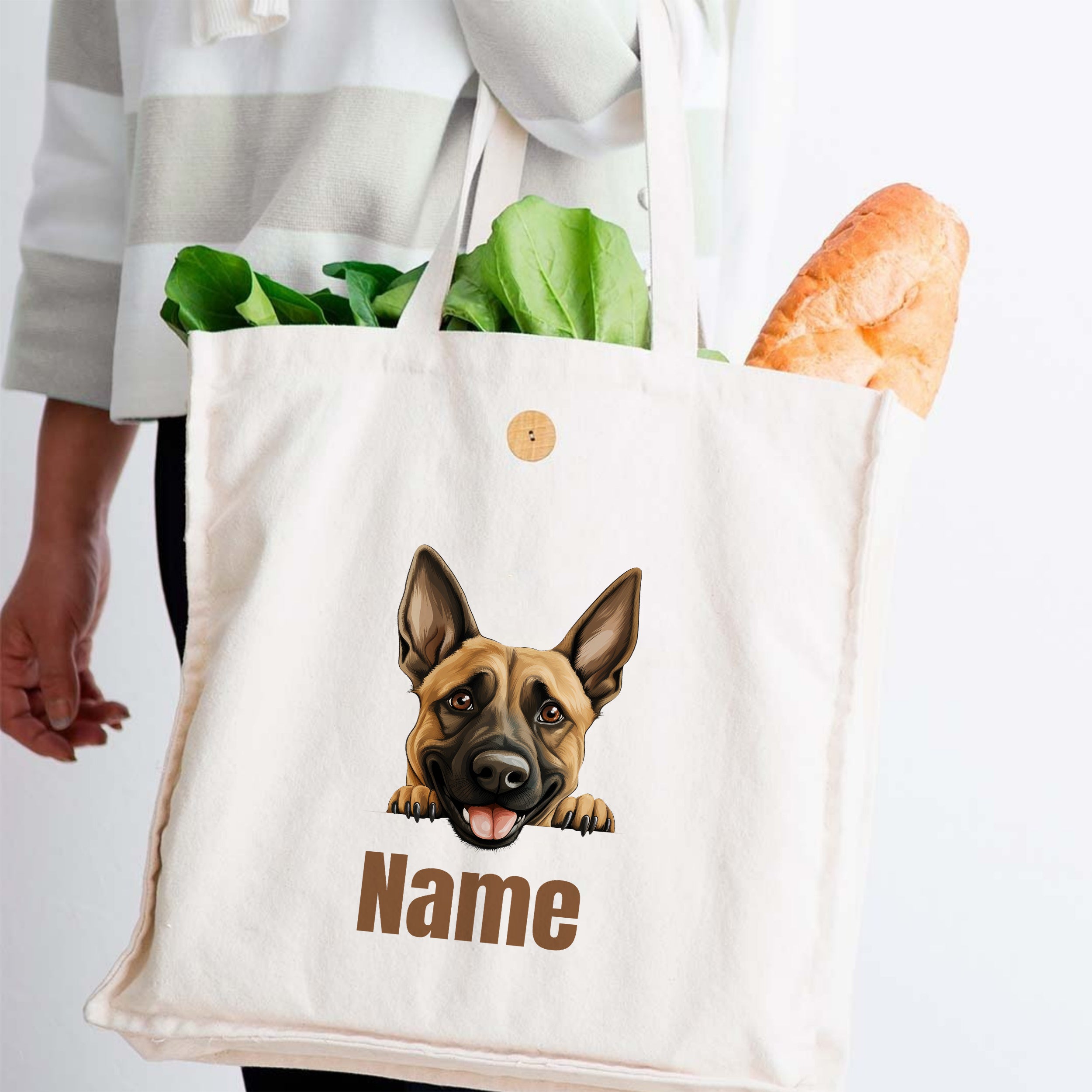 Beige Tragetasche mit Hundemotiv und personalisierbarem Namen.