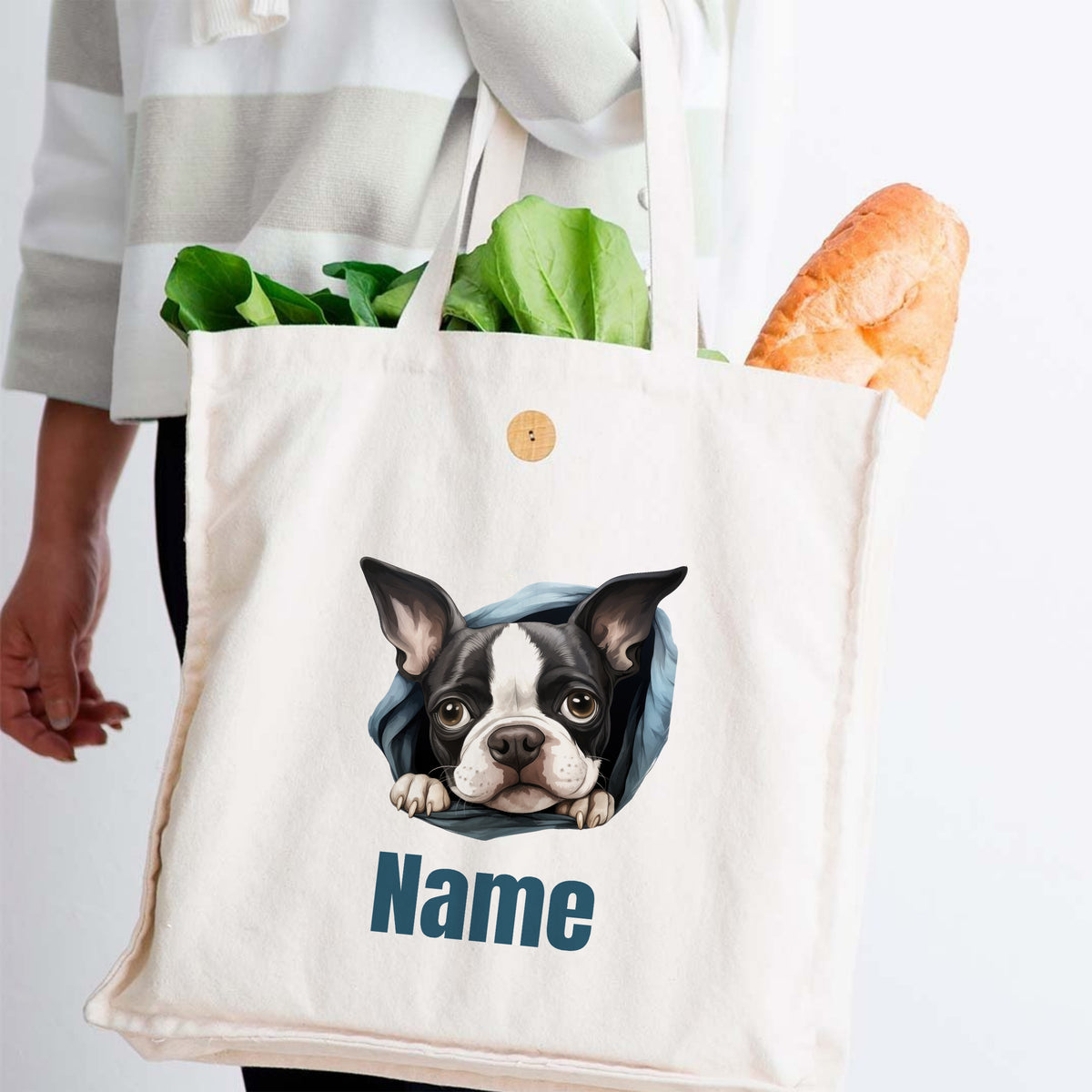 Beige Baumwolltasche mit Bulldoggen-Motiv und personalisiertem Namen.