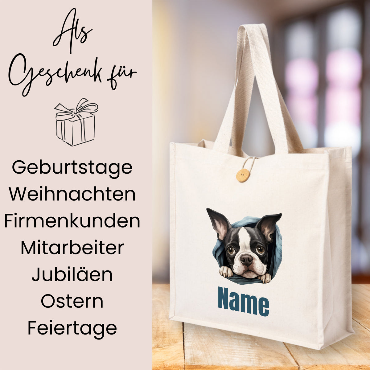 Beige Tragetasche mit Bulldoggen-Motiv und personalisierbarem Namen.
