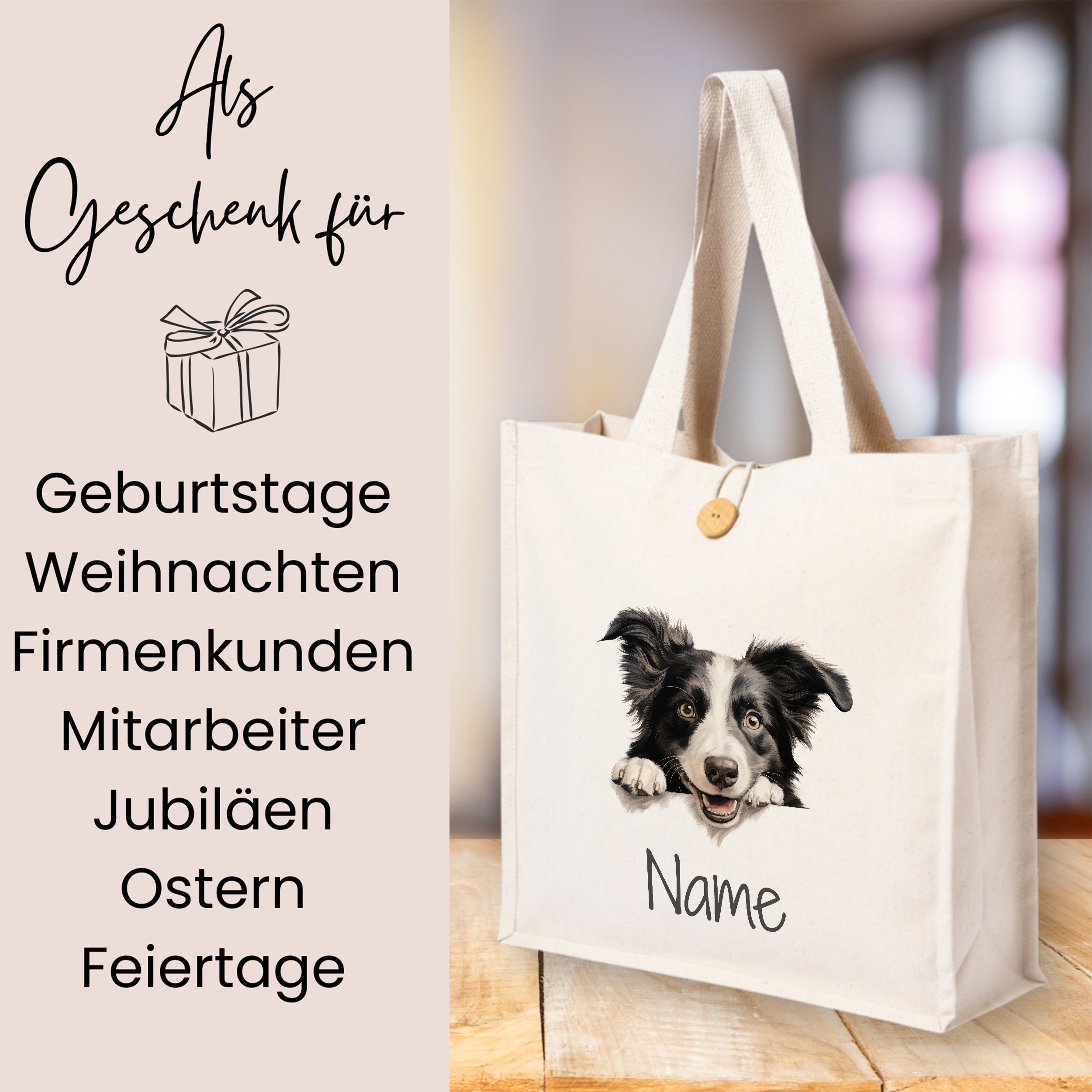 Beige Tragetasche mit Hundemotiv und Platz für Namen.
